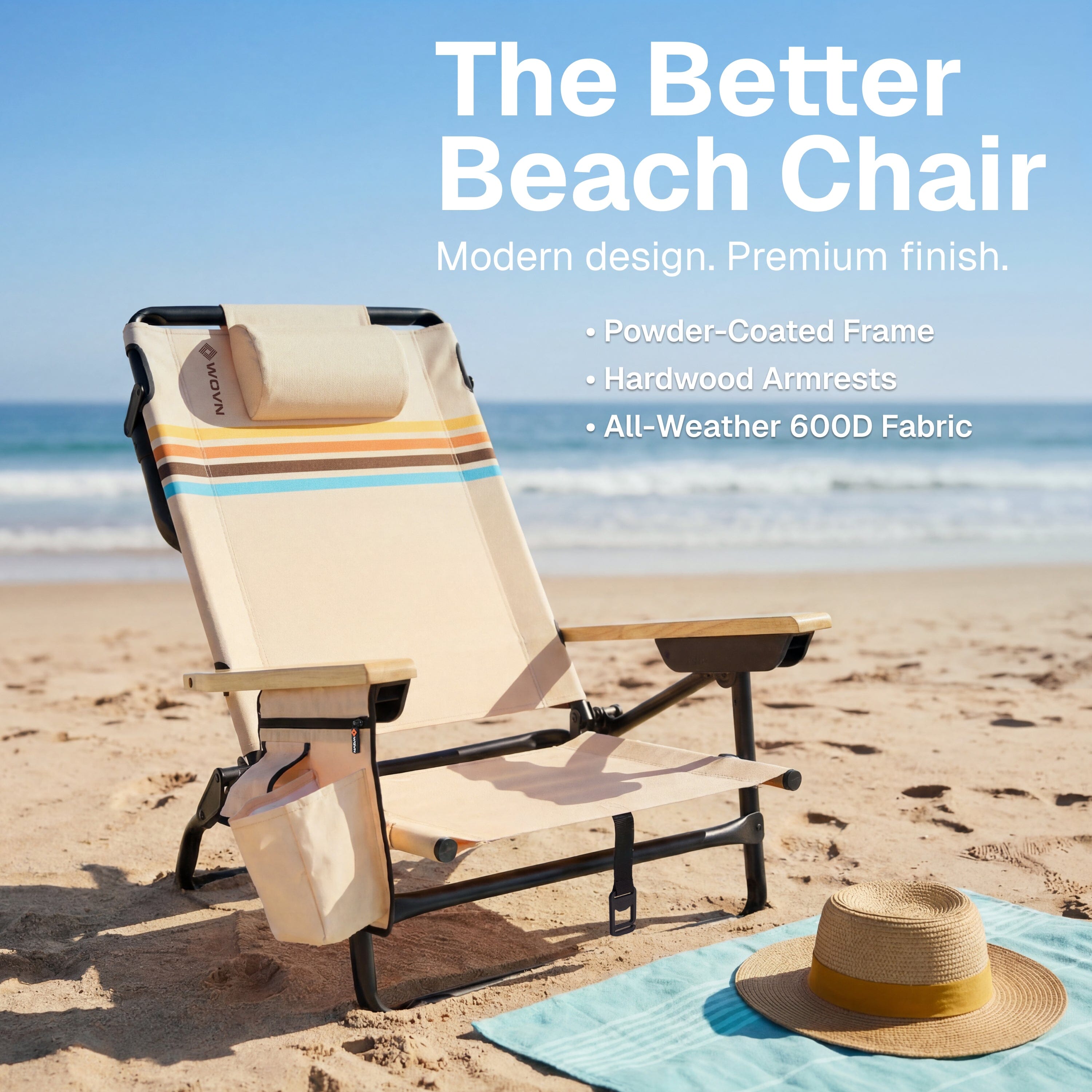 WOVN Premium Reclining Beach Chairs - Portable Lay Flat Folding Beach Chair for Adults - Includes Shoulder Backpack Strap, Pillow, 2 Pockets, and Cup Holder - Baja Beach Chair Playgosports.com