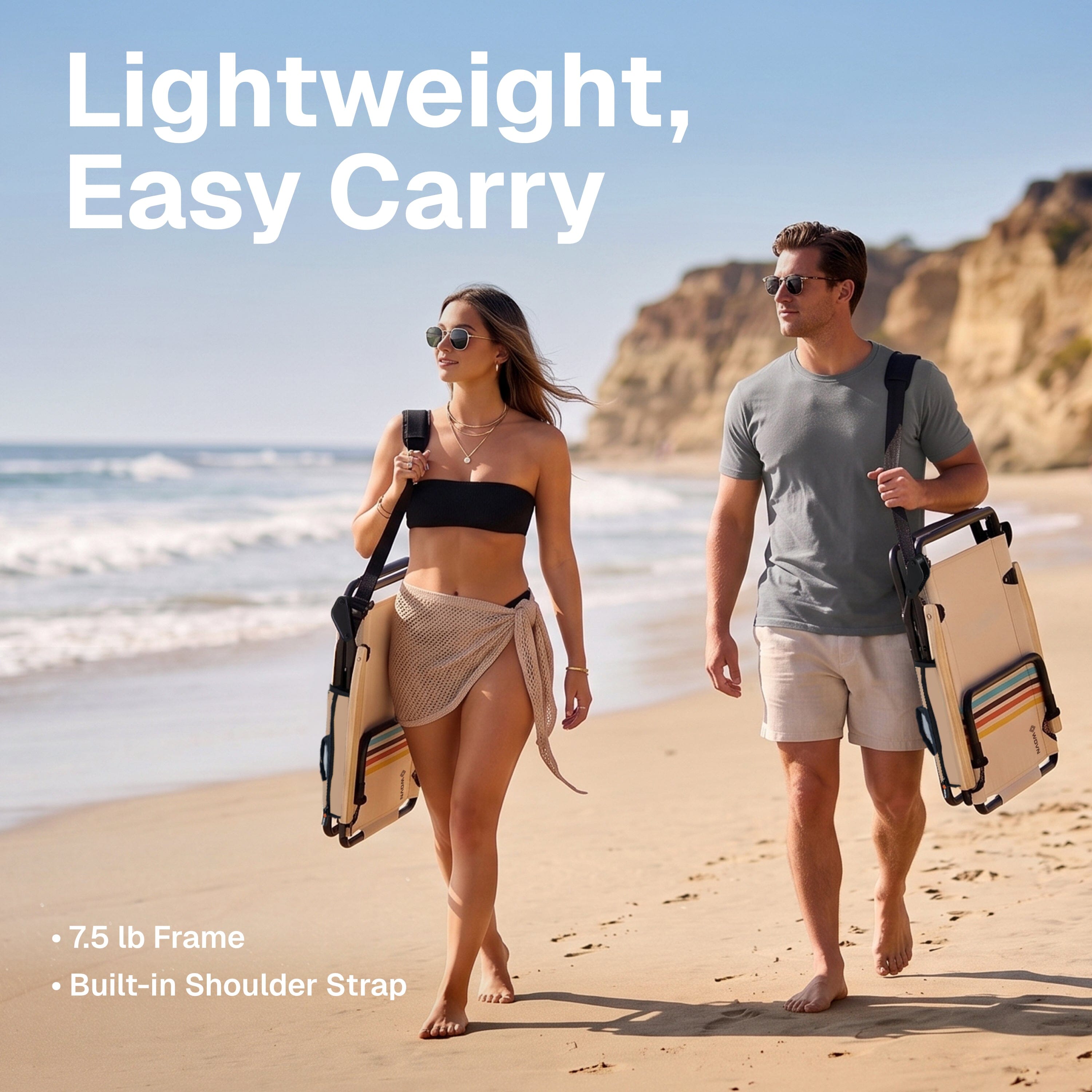 WOVN Premium Reclining Beach Chairs - Portable Lay Flat Folding Beach Chair for Adults - Includes Shoulder Backpack Strap, Pillow, 2 Pockets, and Cup Holder - Baja Beach Chair Playgosports.com