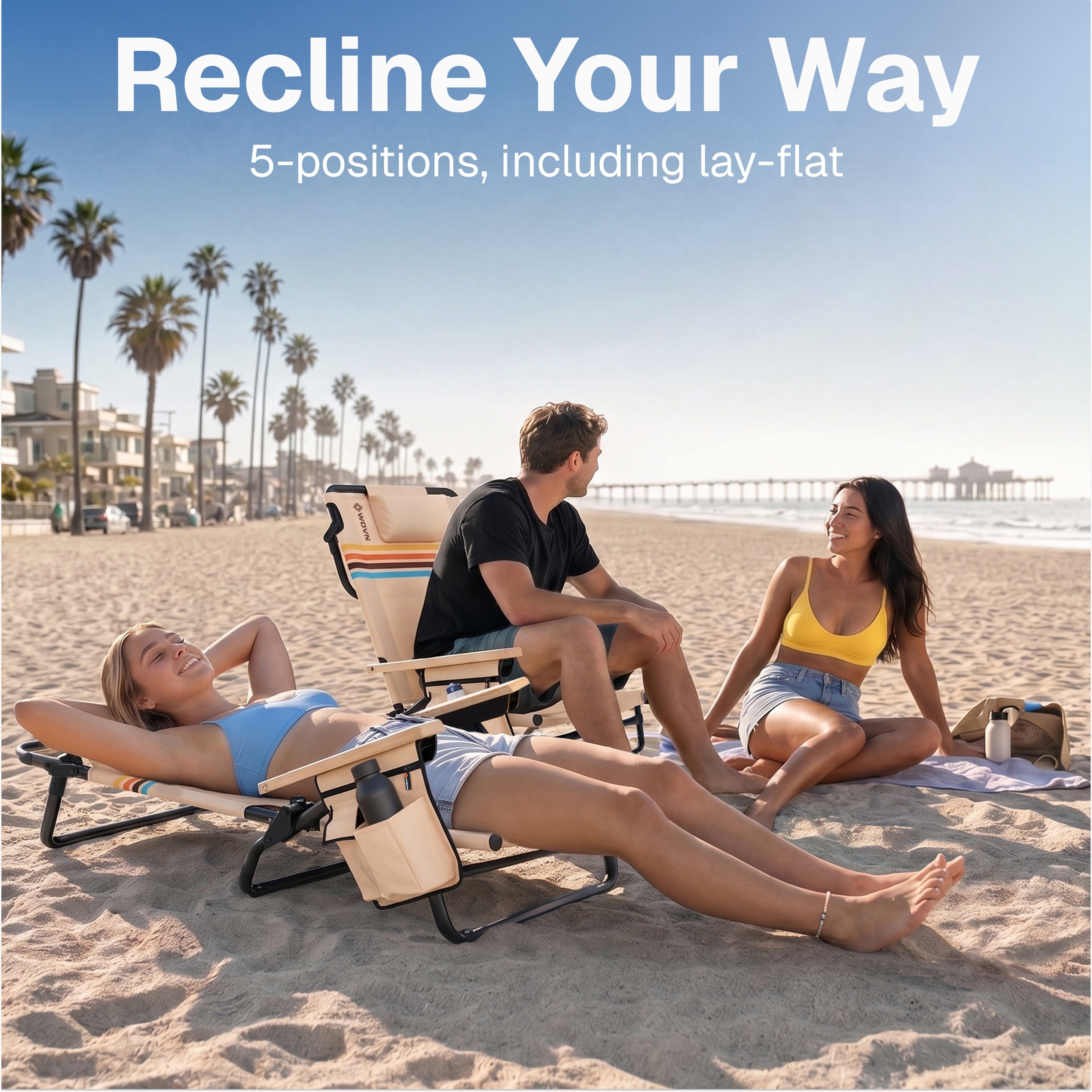 WOVN Premium Reclining Beach Chairs - Portable Lay Flat Folding Beach Chair for Adults - Includes Shoulder Backpack Strap, Pillow, 2 Pockets, and Cup Holder - Baja Beach Chair Playgosports.com