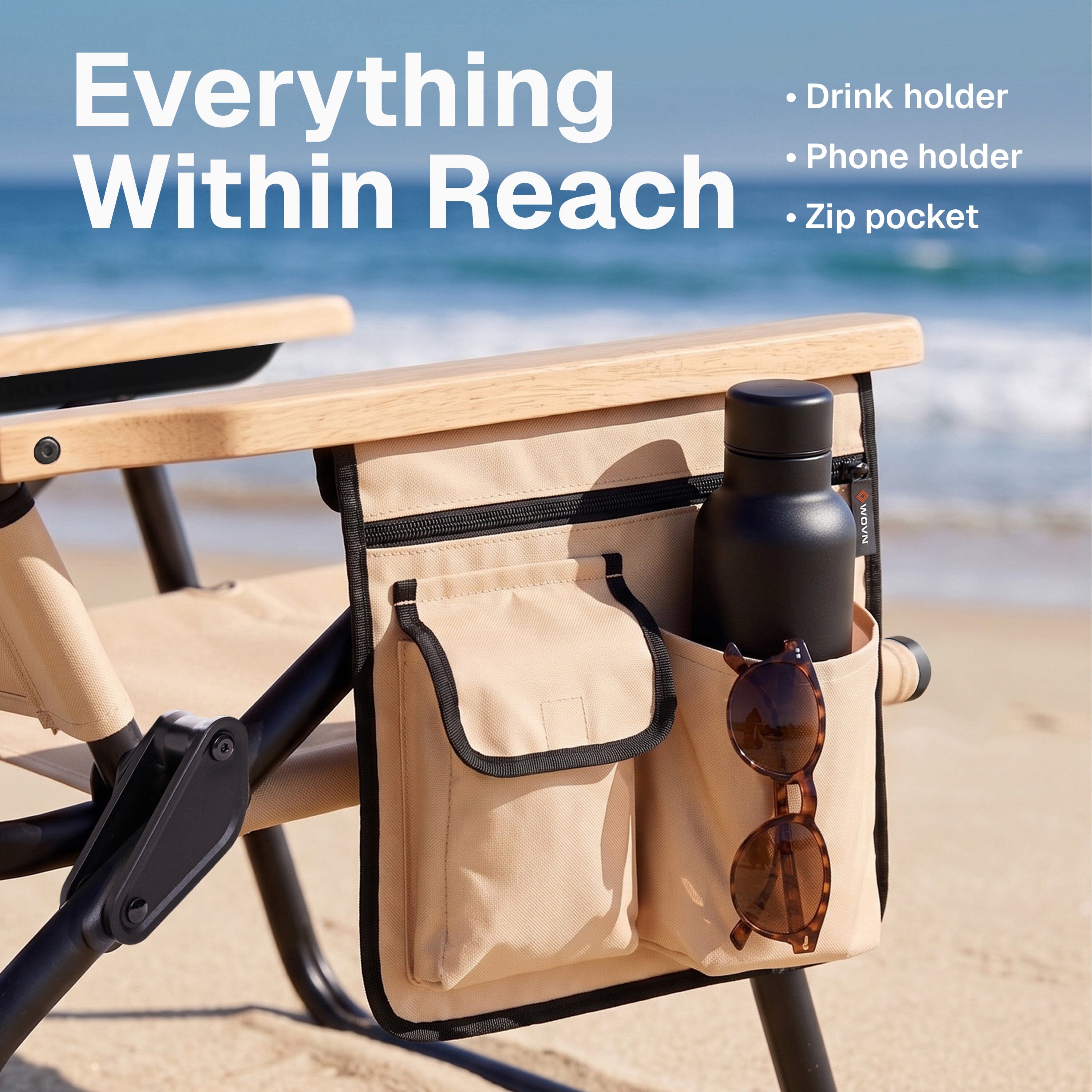 WOVN Premium Reclining Beach Chairs - Portable Lay Flat Folding Beach Chair for Adults - Includes Shoulder Backpack Strap, Pillow, 2 Pockets, and Cup Holder - Baja Beach Chair Playgosports.com