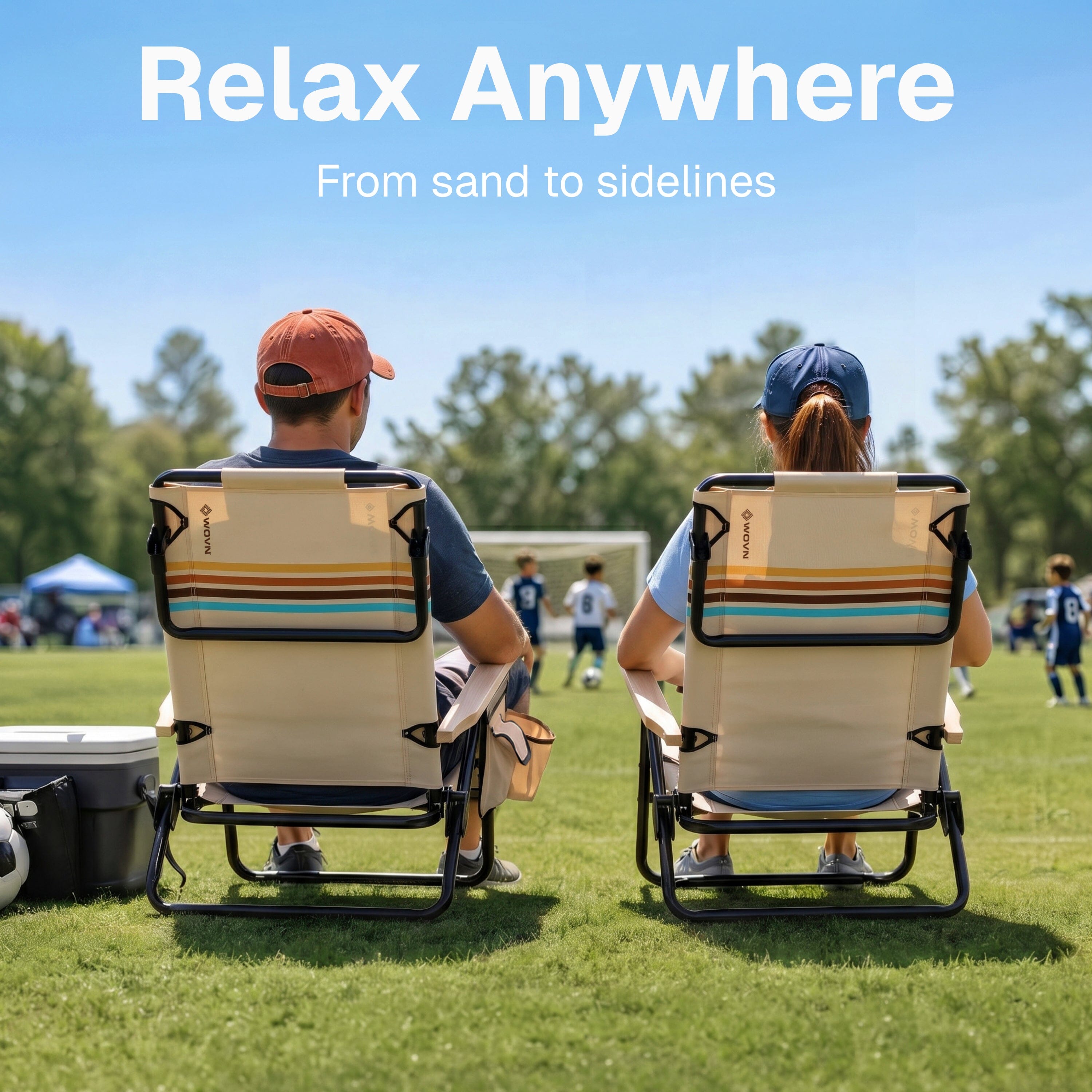 WOVN Premium Reclining Beach Chairs - Portable Lay Flat Folding Beach Chair for Adults - Includes Shoulder Backpack Strap, Pillow, 2 Pockets, and Cup Holder - Baja Beach Chair Playgosports.com