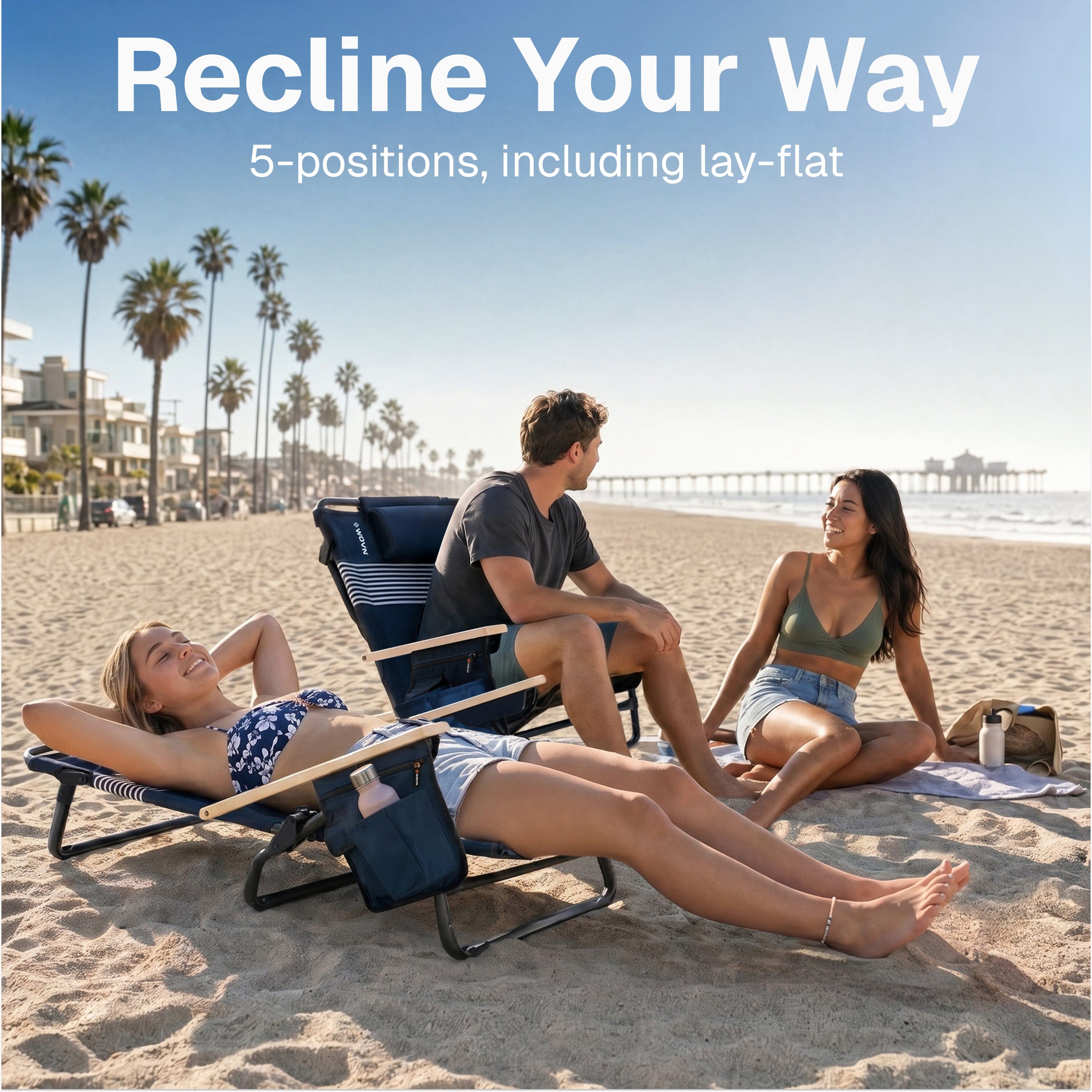 WOVN Premium Reclining Beach Chairs 2 Pack - Portable Lay Flat Folding Beach Chair for Adults - Includes Shoulder Backpack Strap, Pillow, 2 Pockets, and Cup Holder - Baja Beach Chair Playgosports.com