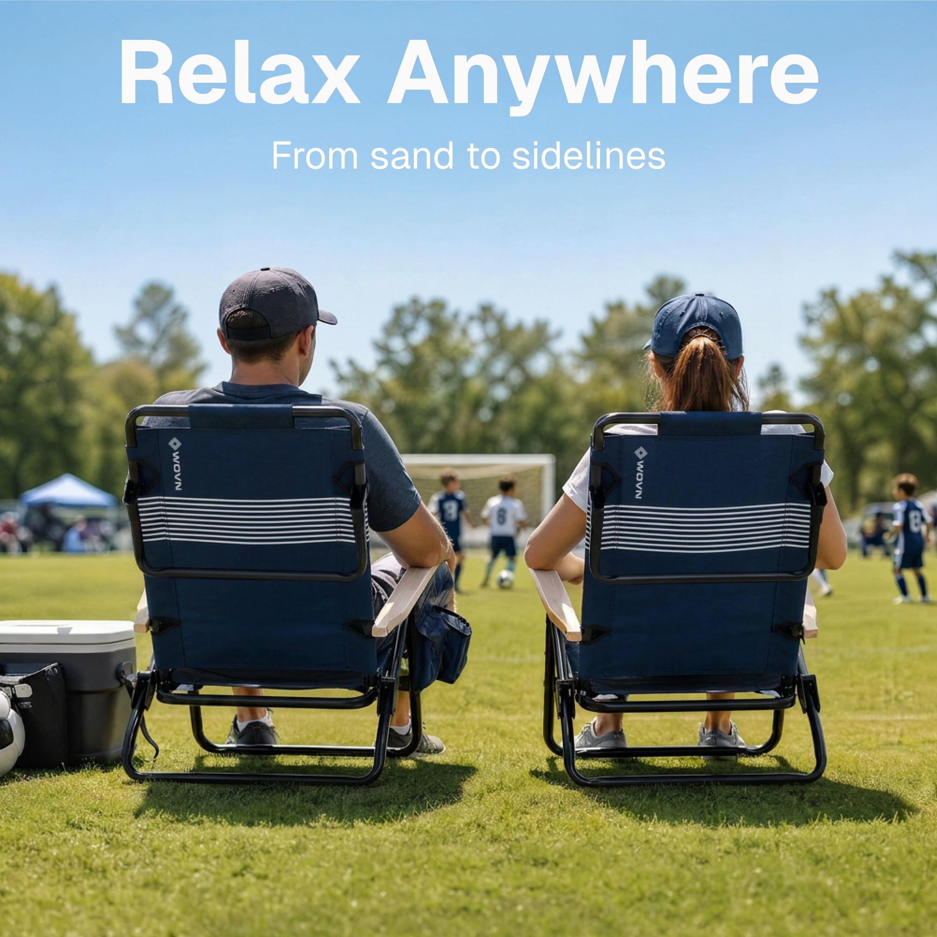 WOVN Premium Reclining Beach Chairs 2 Pack - Portable Lay Flat Folding Beach Chair for Adults - Includes Shoulder Backpack Strap, Pillow, 2 Pockets, and Cup Holder - Baja Beach Chair Playgosports.com