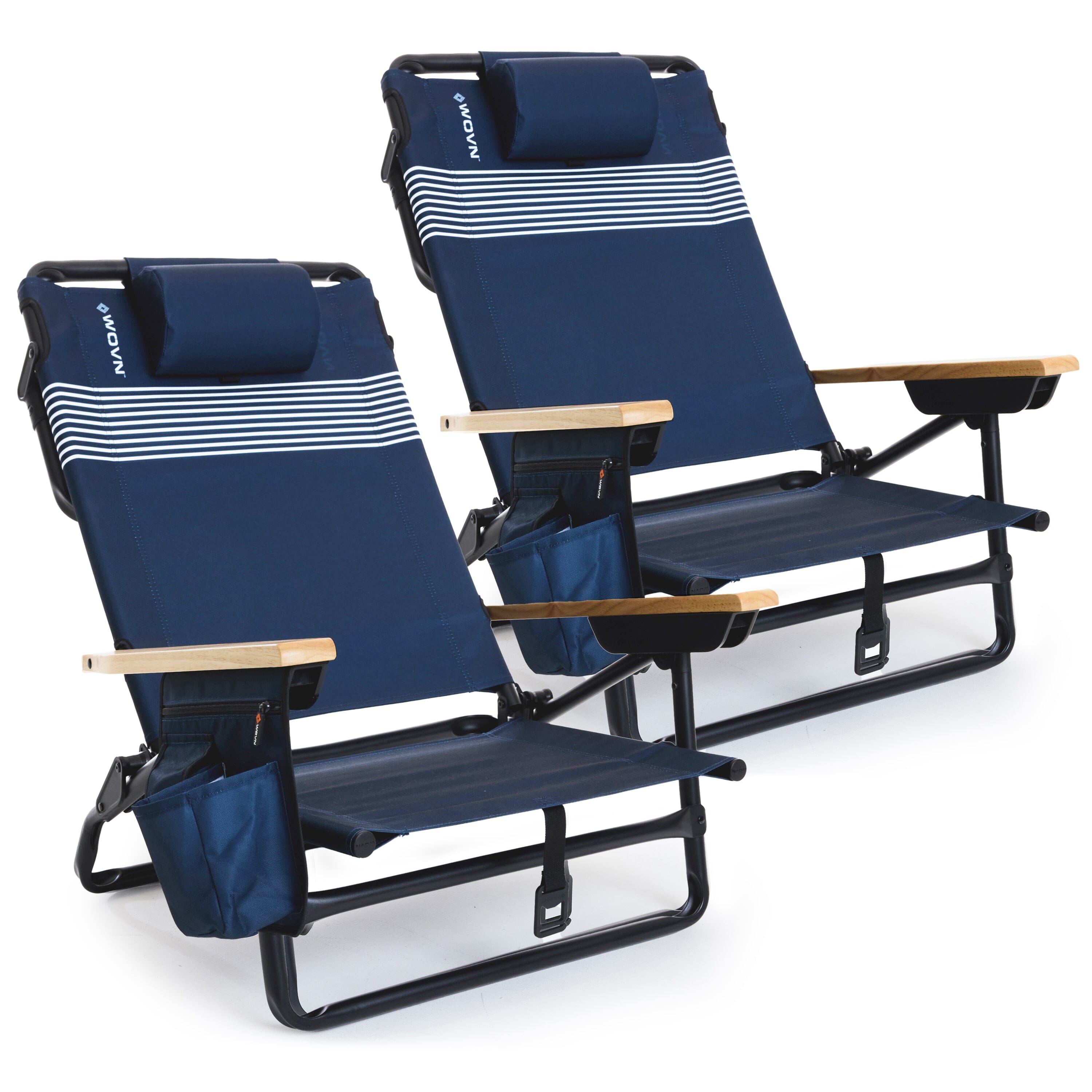 WOVN Premium Reclining Beach Chairs 2 Pack - Portable Lay Flat Folding Beach Chair for Adults - Includes Shoulder Backpack Strap, Pillow, 2 Pockets, and Cup Holder - Baja Beach Chair Playgosports.com Lido