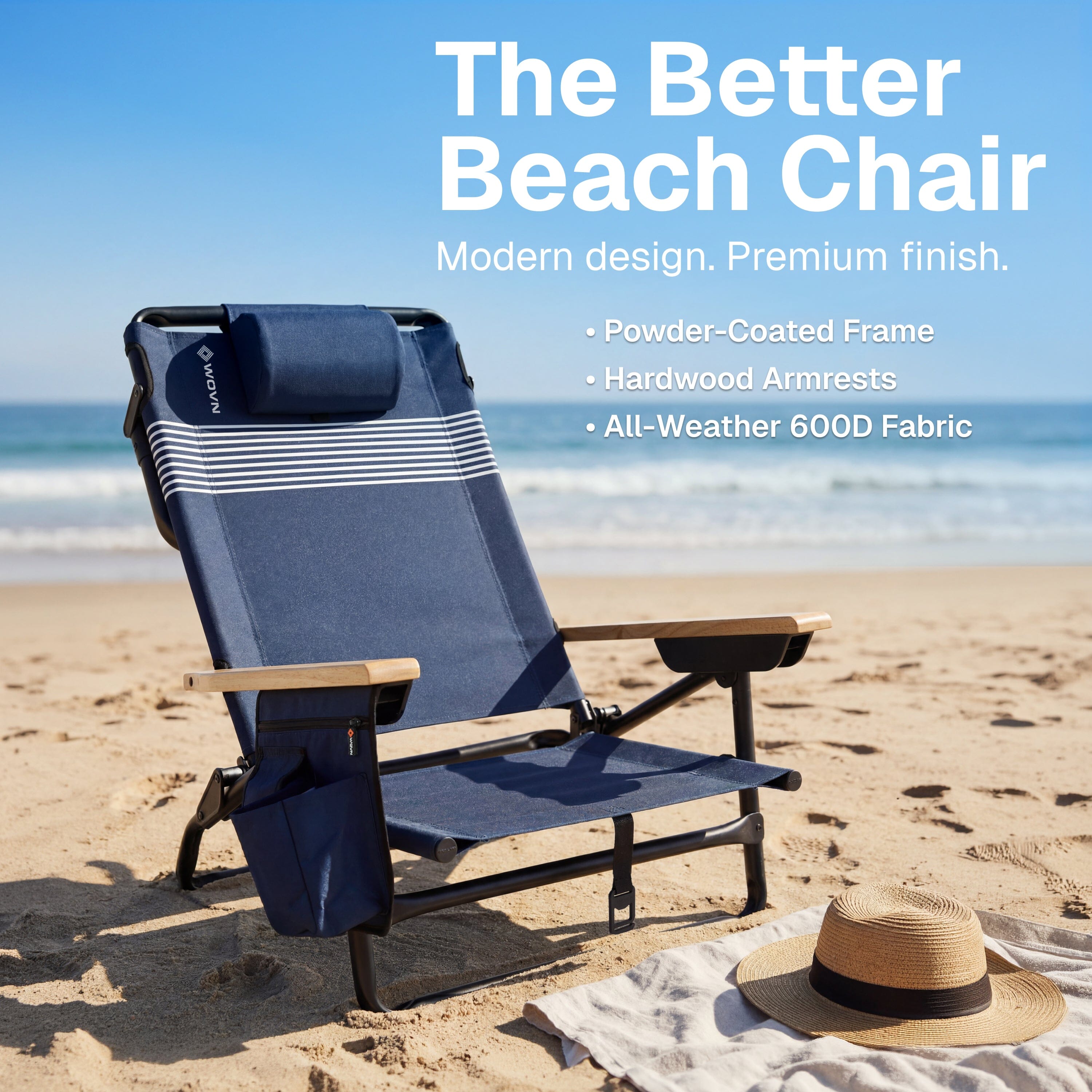 WOVN Premium Reclining Beach Chairs - Portable Lay Flat Folding Beach Chair for Adults - Includes Shoulder Backpack Strap, Pillow, 2 Pockets, and Cup Holder - Baja Beach Chair Playgosports.com