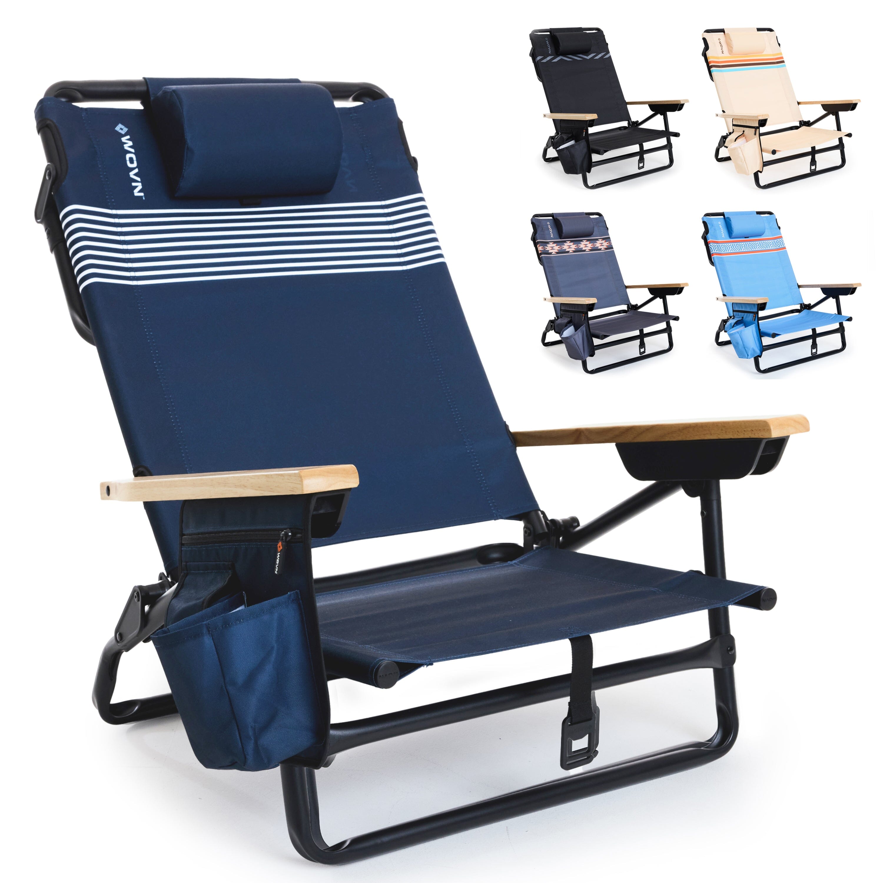 WOVN Premium Reclining Beach Chairs - Portable Lay Flat Folding Beach Chair for Adults - Includes Shoulder Backpack Strap, Pillow, 2 Pockets, and Cup Holder - Baja Beach Chair Playgosports.com Lido
