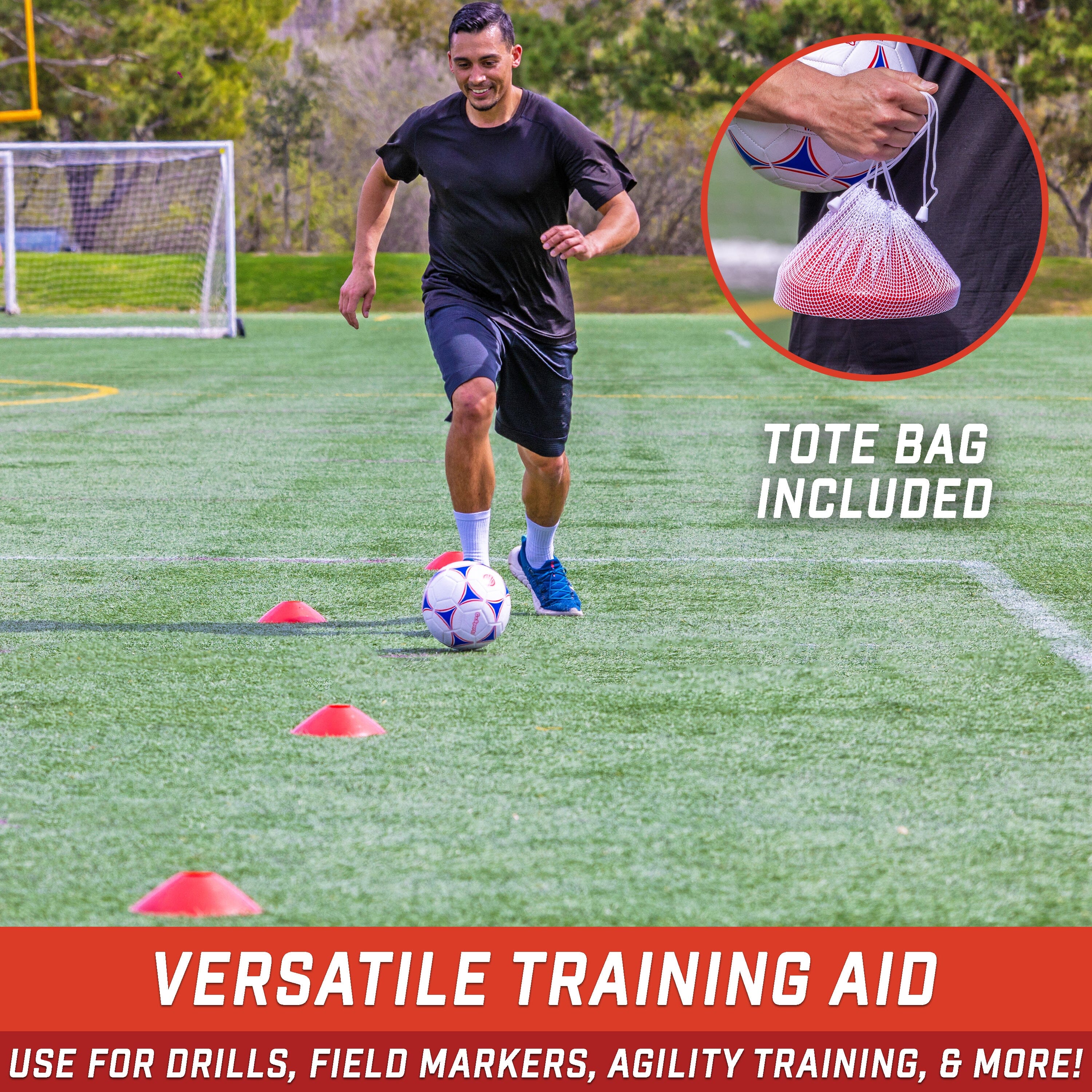 a man in black shirt and blue shorts kicking a soccer ball