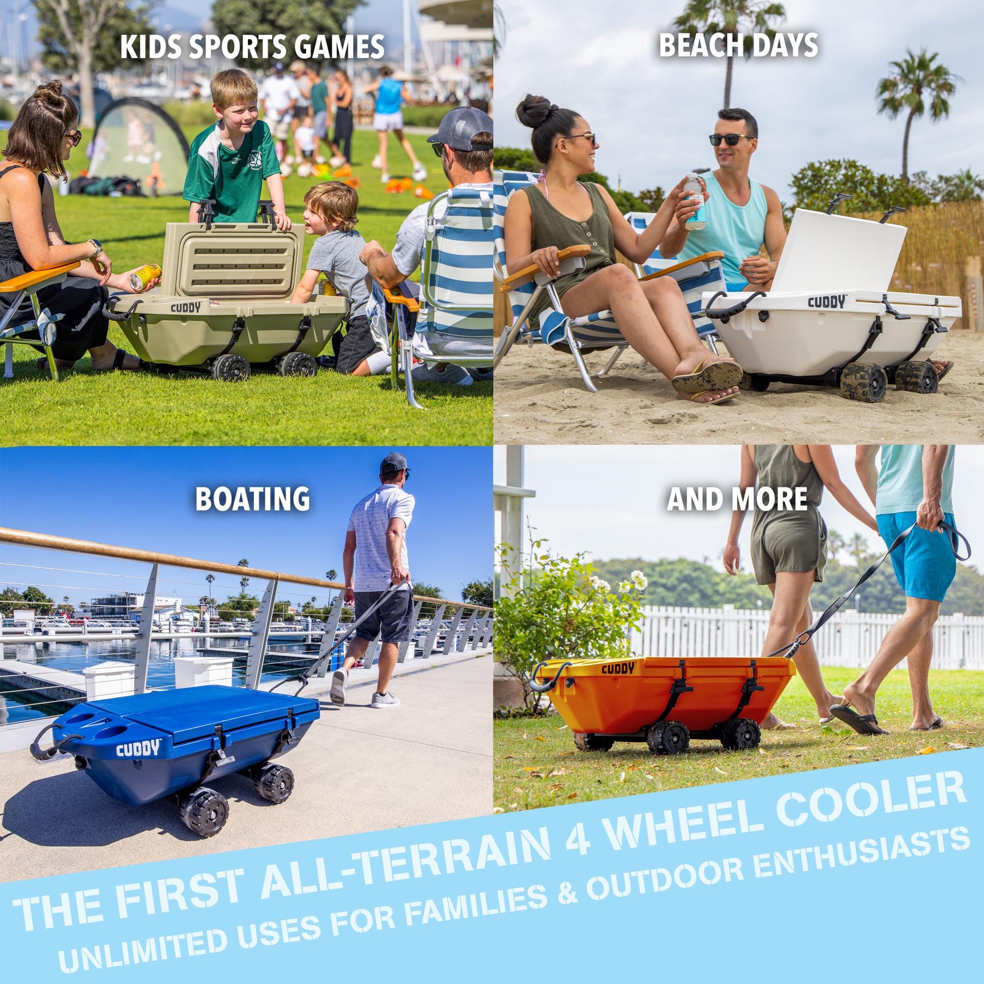 four panel displaying cooler with wheels pulled on all terrain