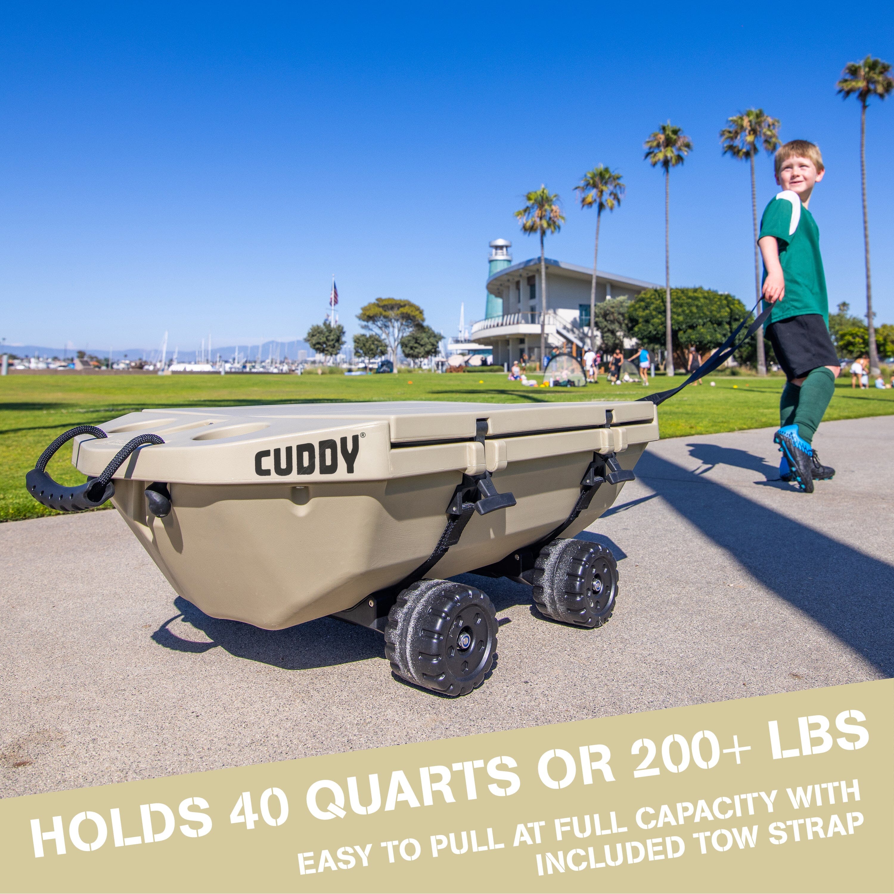 Cuddy 40 QT Floating Cooler and Dry Storage Vessel with Cuddy Crawler Wheel Kit - Tan GoSports