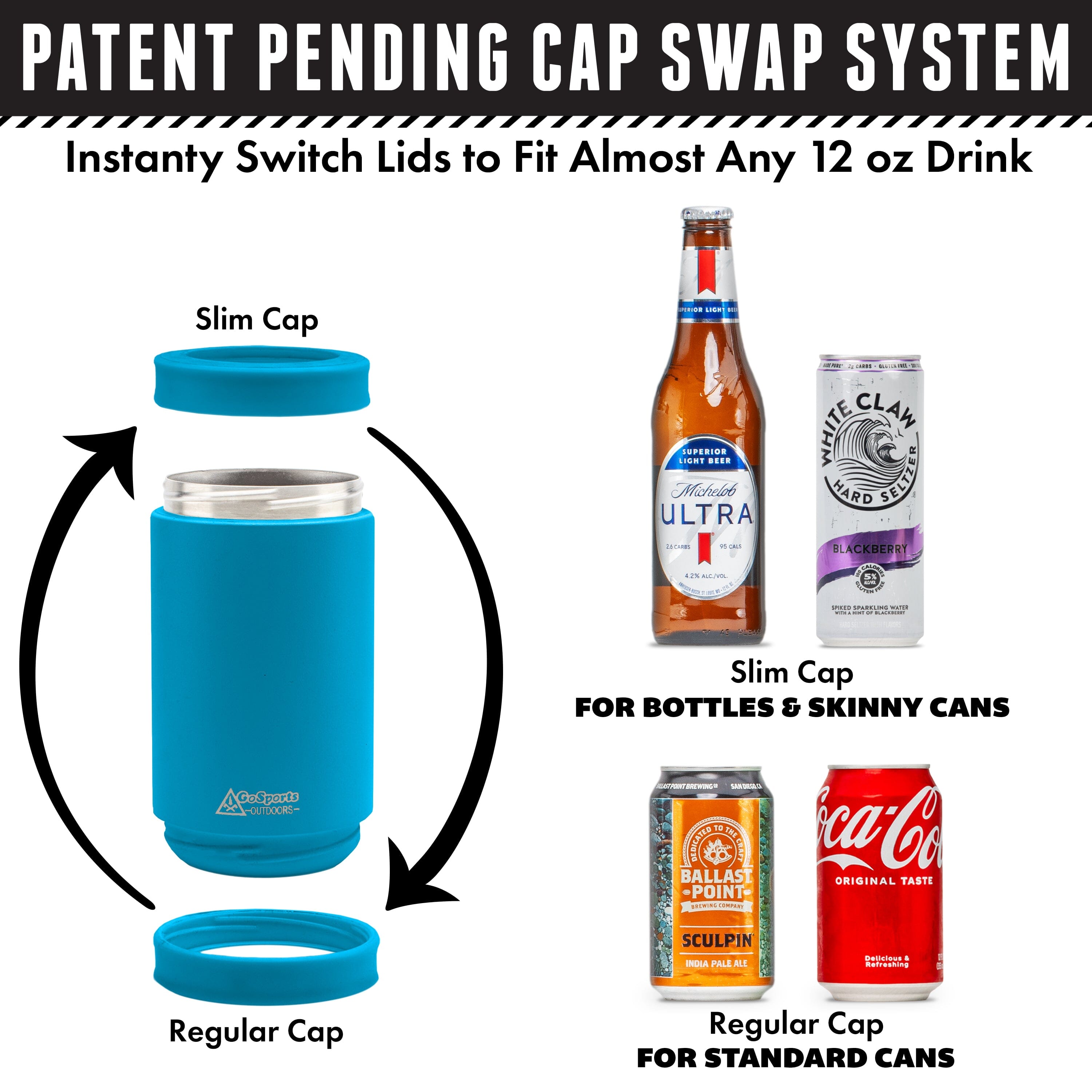 DUALIE 3 in 1 Insulated Can Cooler - Universal Size for 12 oz Cans, Slim Cans, and Bottles - Glacier GoSports