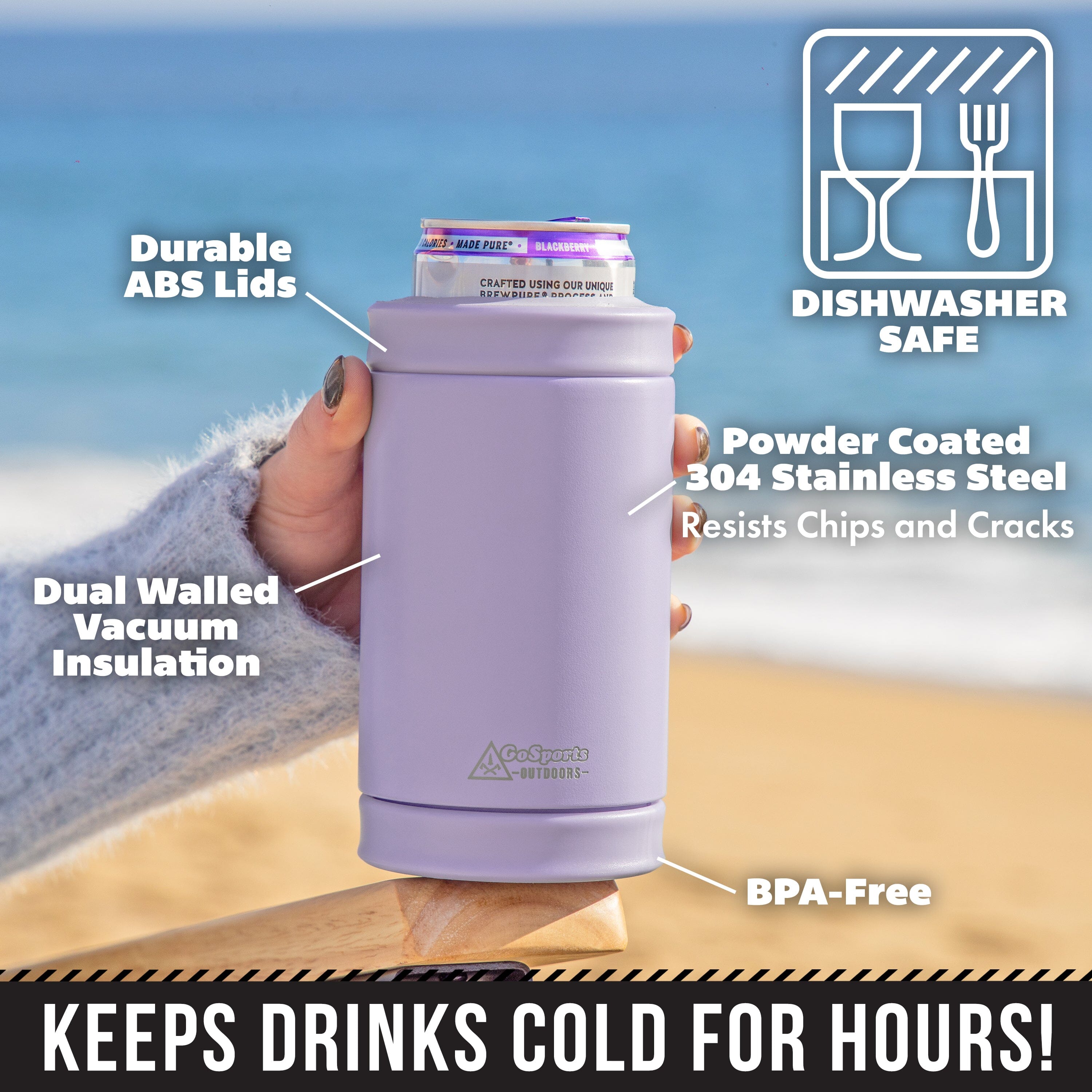 DUALIE 3 in 1 Insulated Can Cooler - Universal Size for 12 oz Cans, Slim Cans, and Bottles - Lavender GoSports