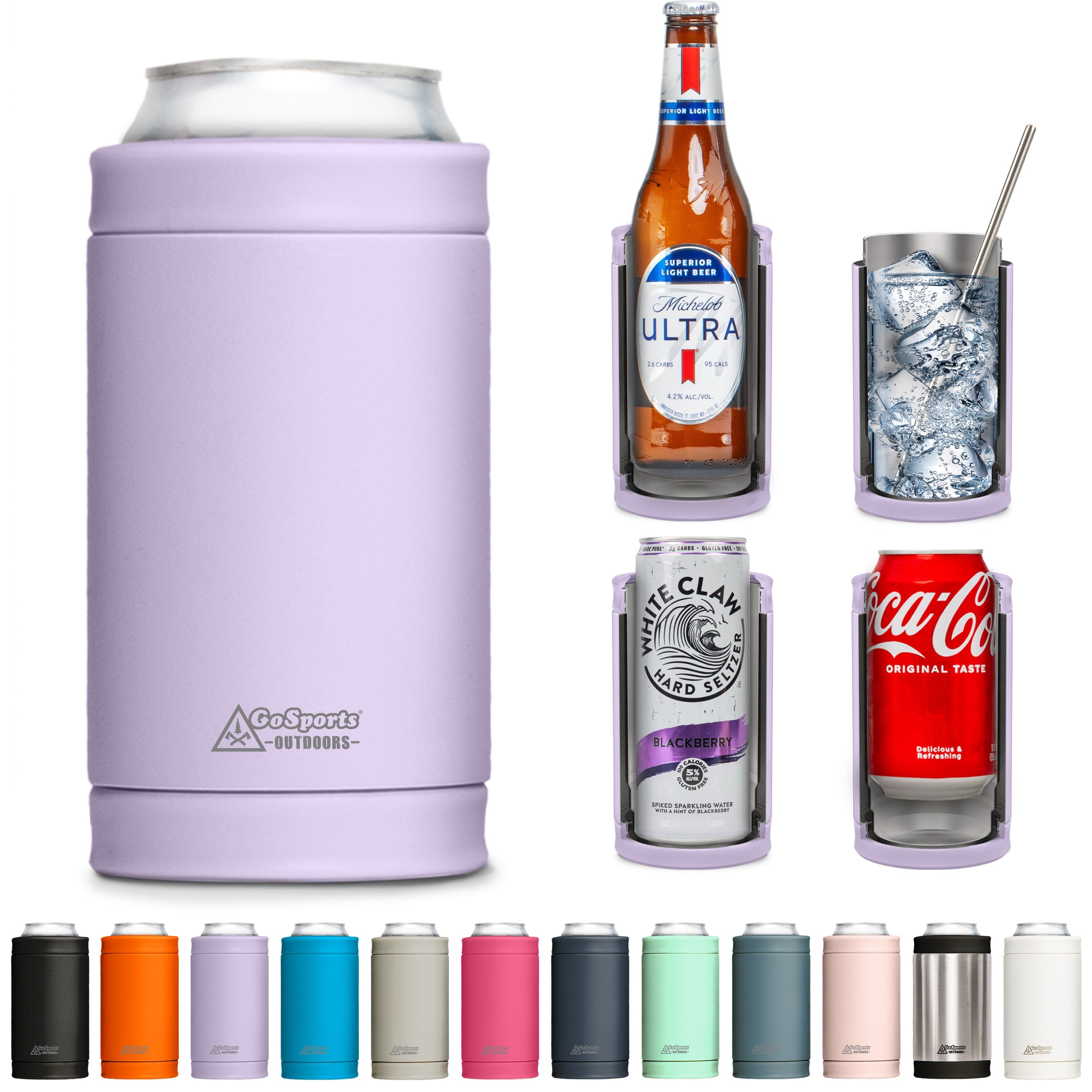 DUALIE 3 in 1 Insulated Can Cooler - Universal Size for 12 oz Cans, Slim Cans, and Bottles - Lavender GoSports