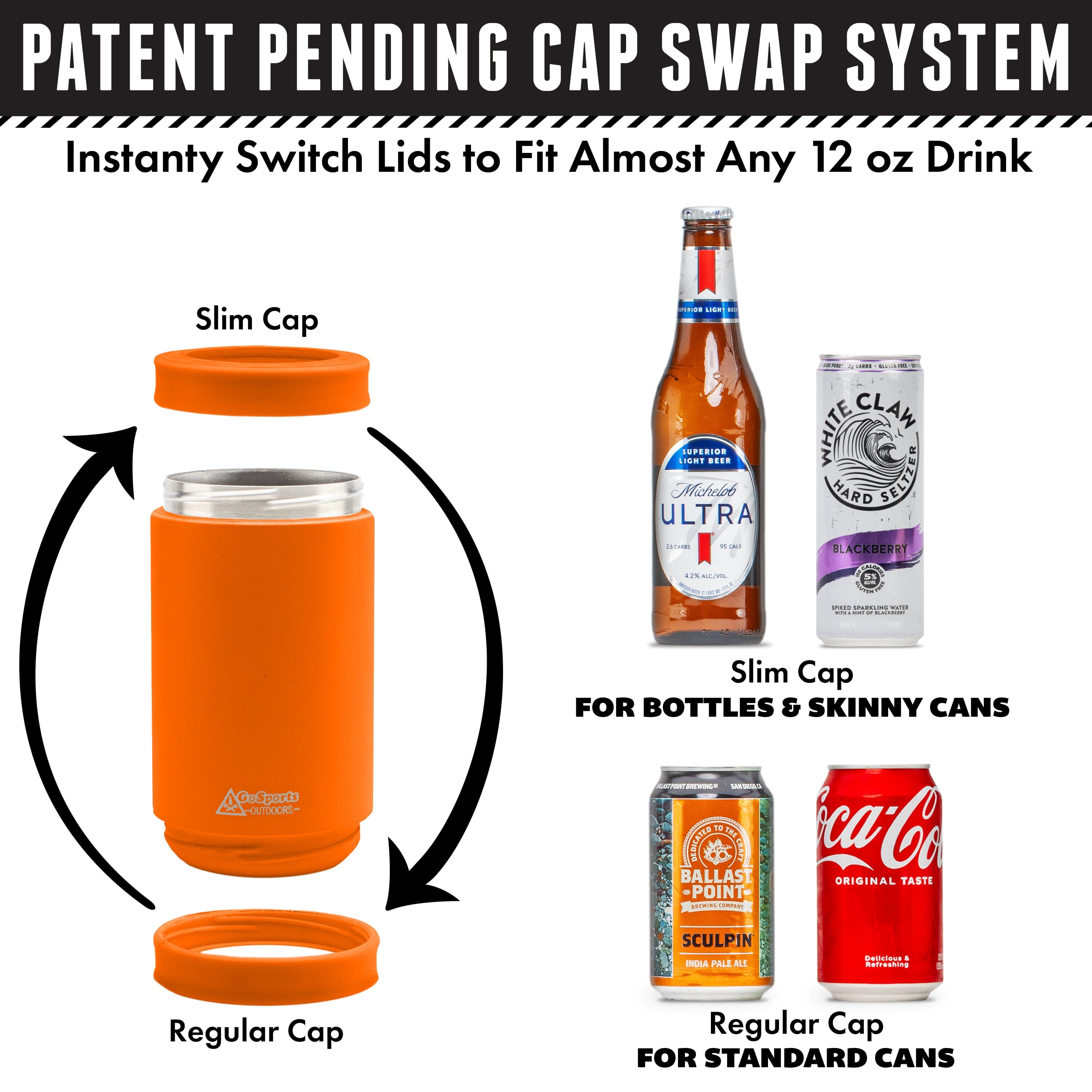 DUALIE 3 in 1 Insulated Can Cooler - Universal Size for 12 oz Cans, Slim Cans, and Bottles - Orange GoSports