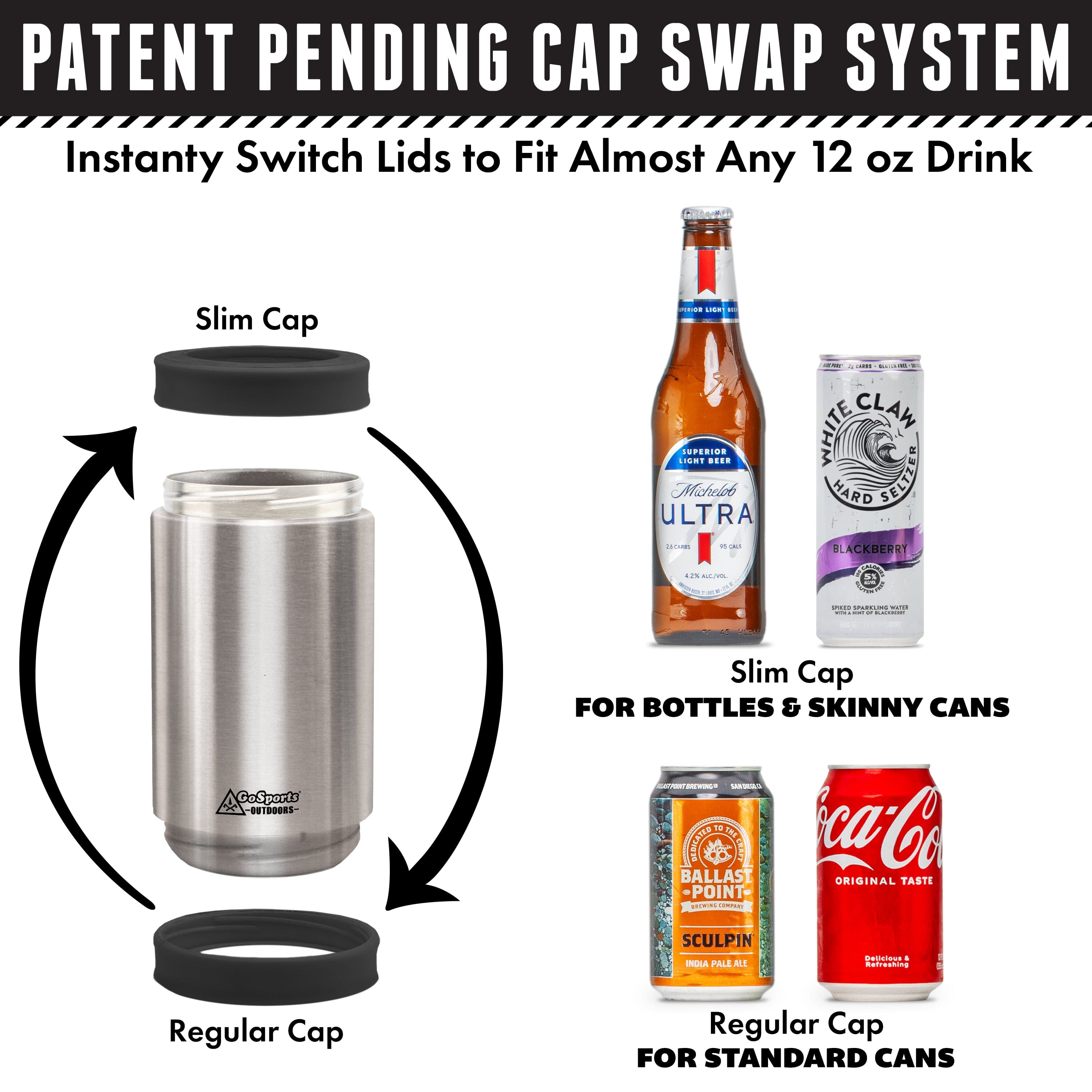 DUALIE 3 in 1 Insulated Can Cooler - Universal Size for 12 oz Cans, Slim Cans, and Bottles - Stainless GoSports