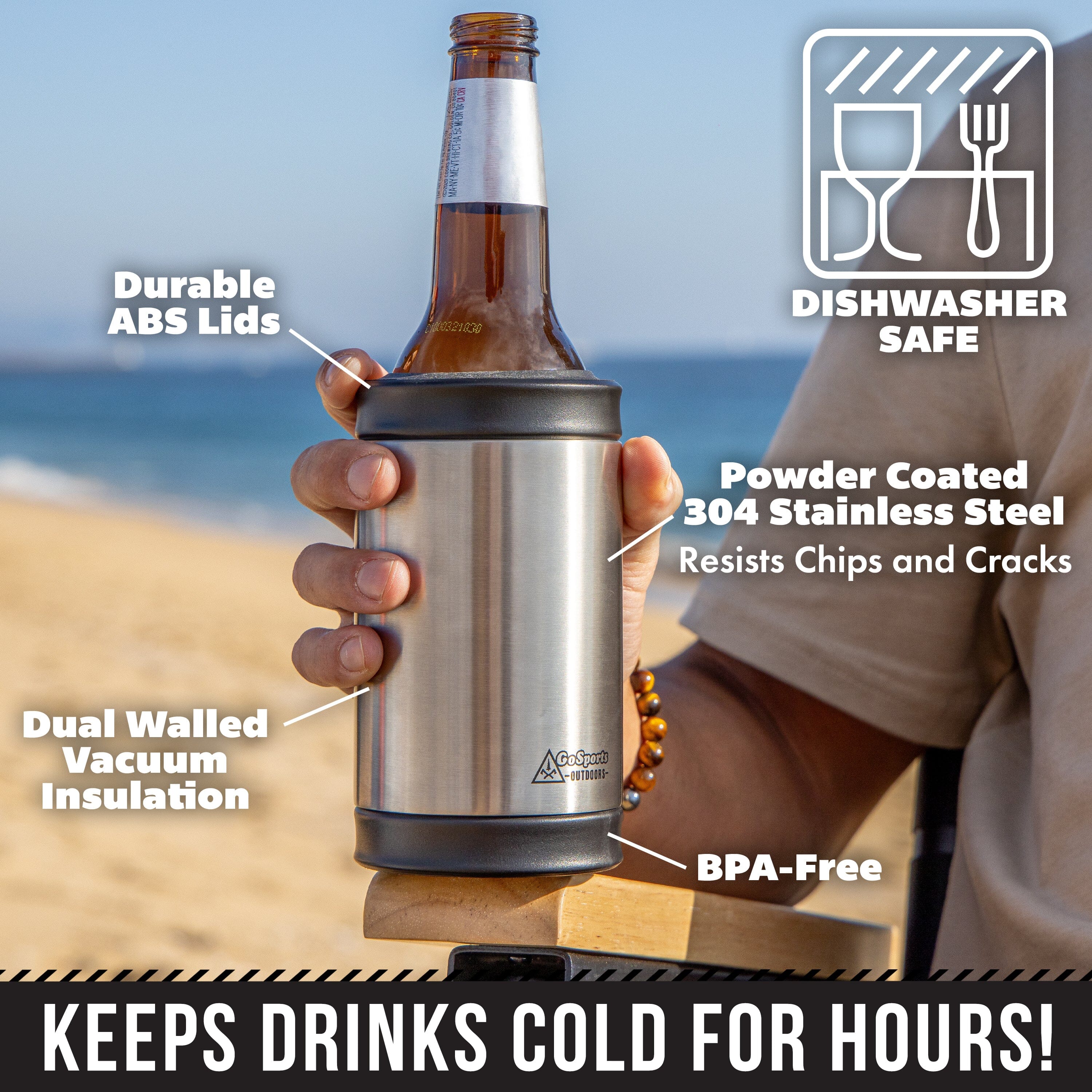 DUALIE 3 in 1 Insulated Can Cooler - Universal Size for 12 oz Cans, Slim Cans, and Bottles - Stainless GoSports