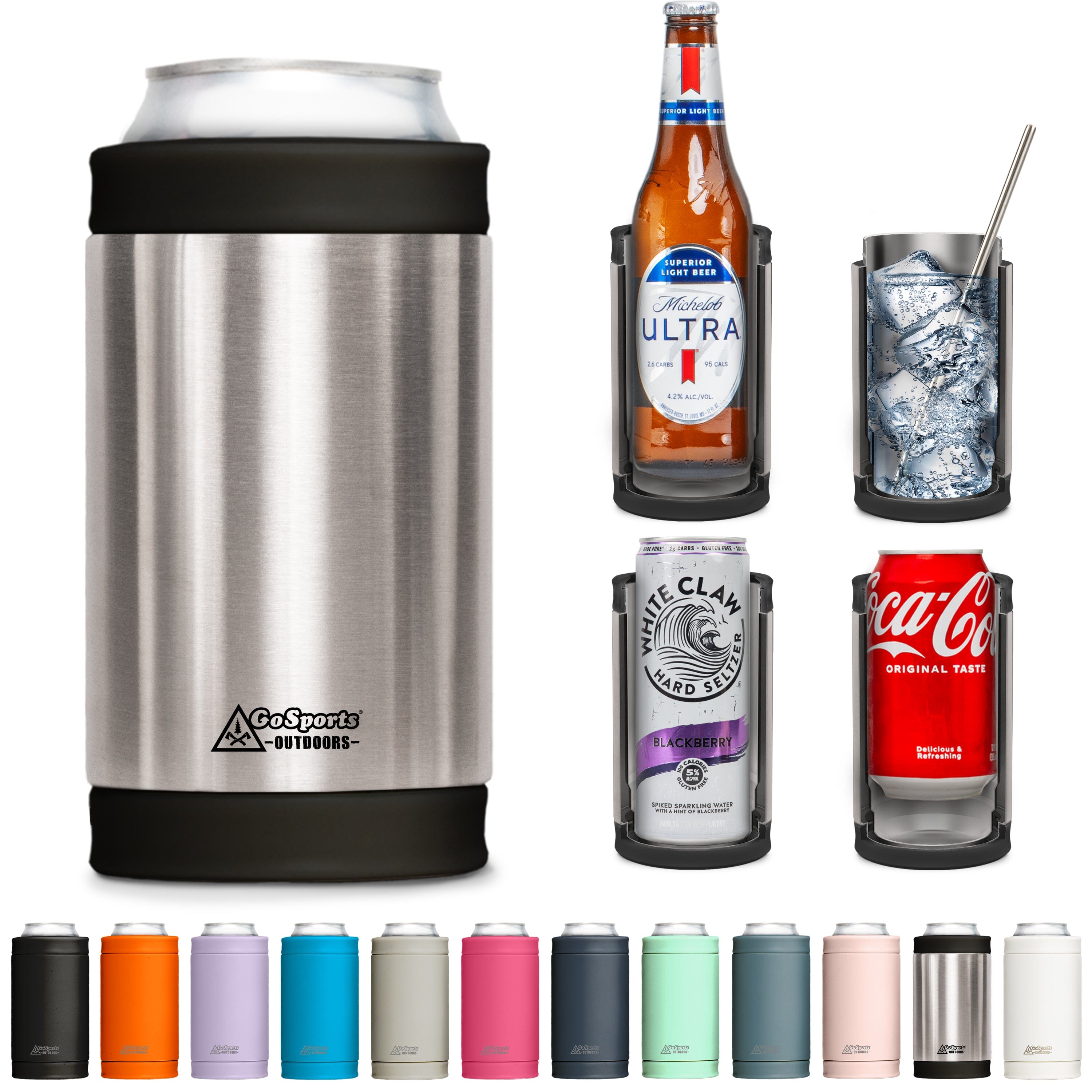 DUALIE 3 in 1 Insulated Can Cooler - Universal Size for 12 oz Cans, Slim Cans, and Bottles - Stainless GoSports