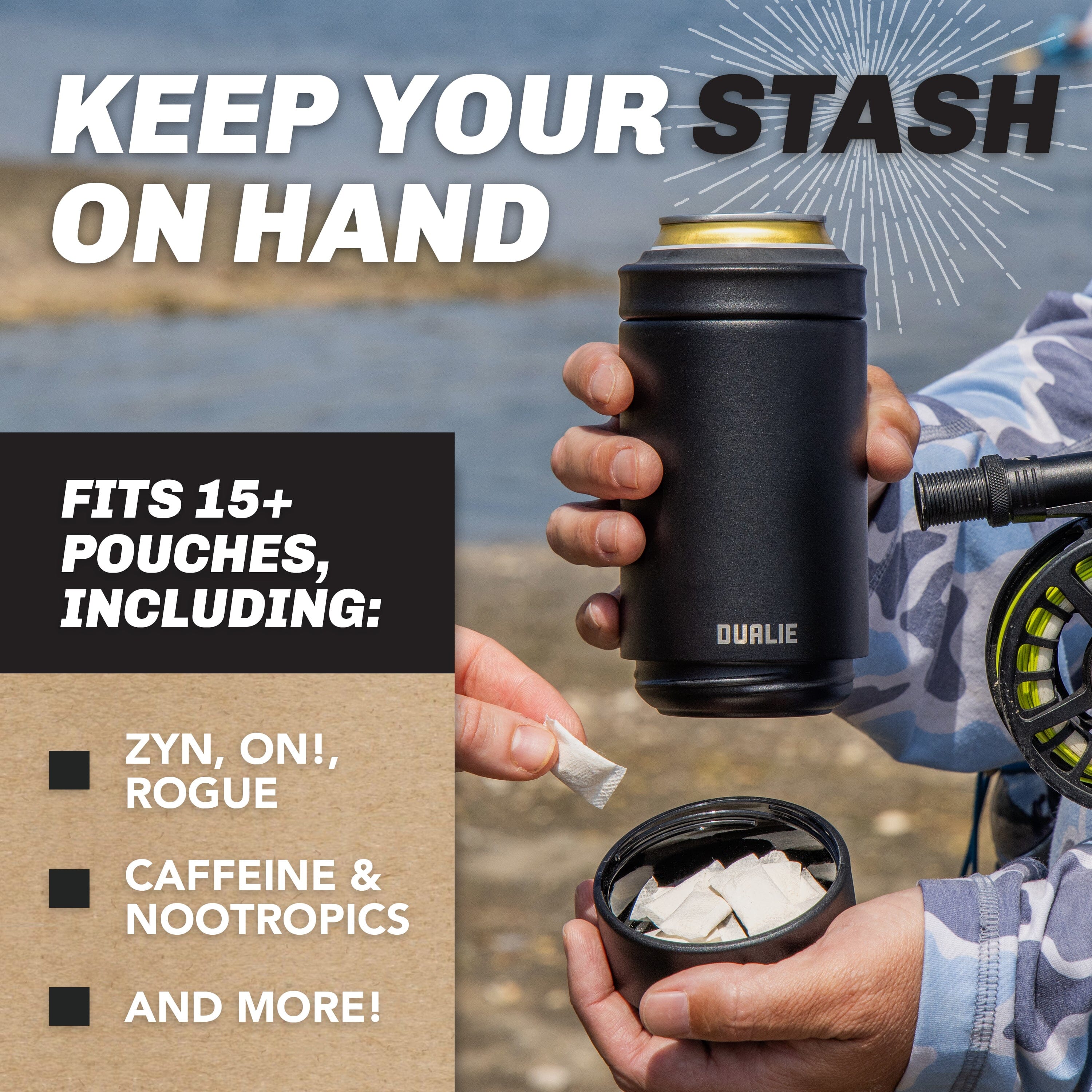 DUALIE Lower Deckie - Insulated 12 oz Can Cooler with Pouch Container - Universal Drink Holder with Built-in Pouch Bin - Black PlayGoSports.com