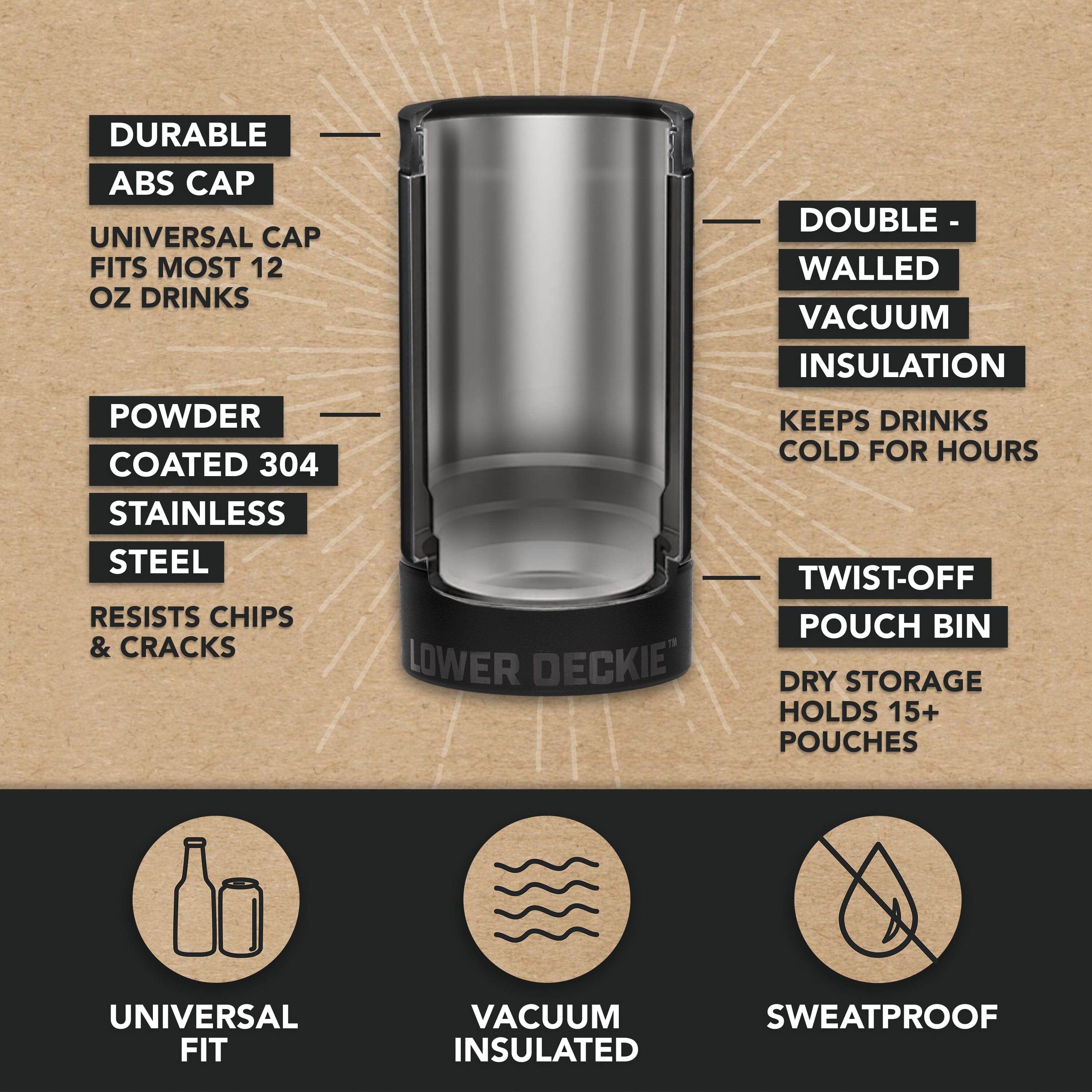 DUALIE Lower Deckie - Insulated 12 oz Can Cooler with Pouch Container - Universal Drink Holder with Built-in Pouch Bin - Black PlayGoSports.com