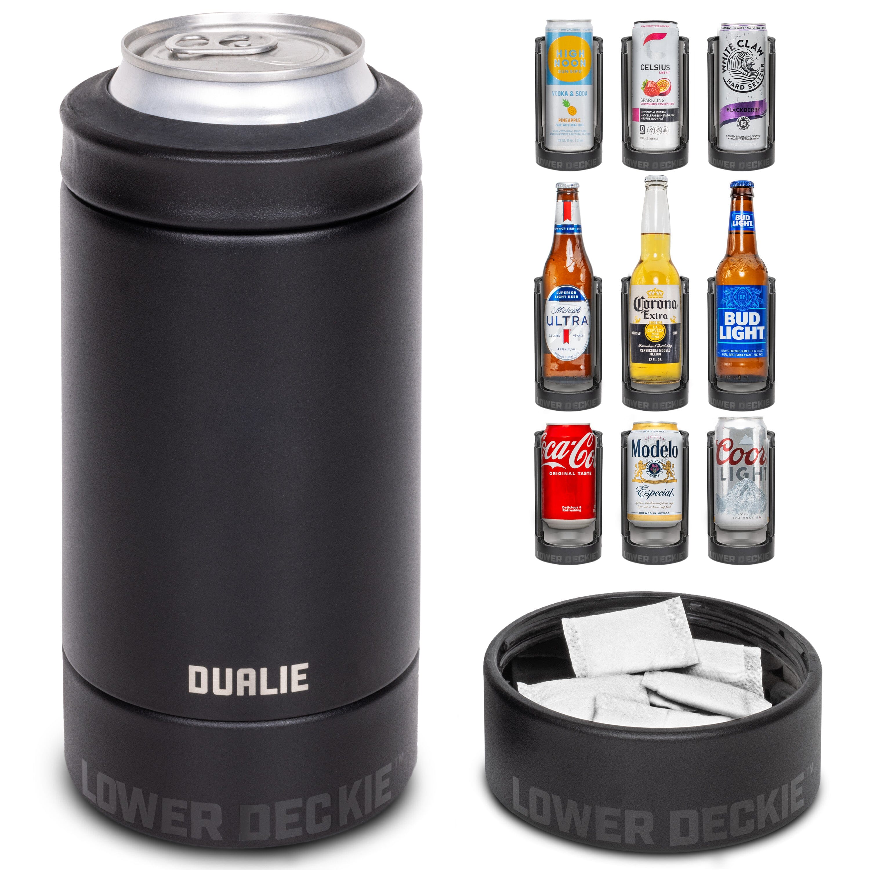 DUALIE Lower Deckie - Insulated 12 oz Can Cooler with Pouch Container - Universal Drink Holder with Built-in Pouch Bin - Black PlayGoSports.com