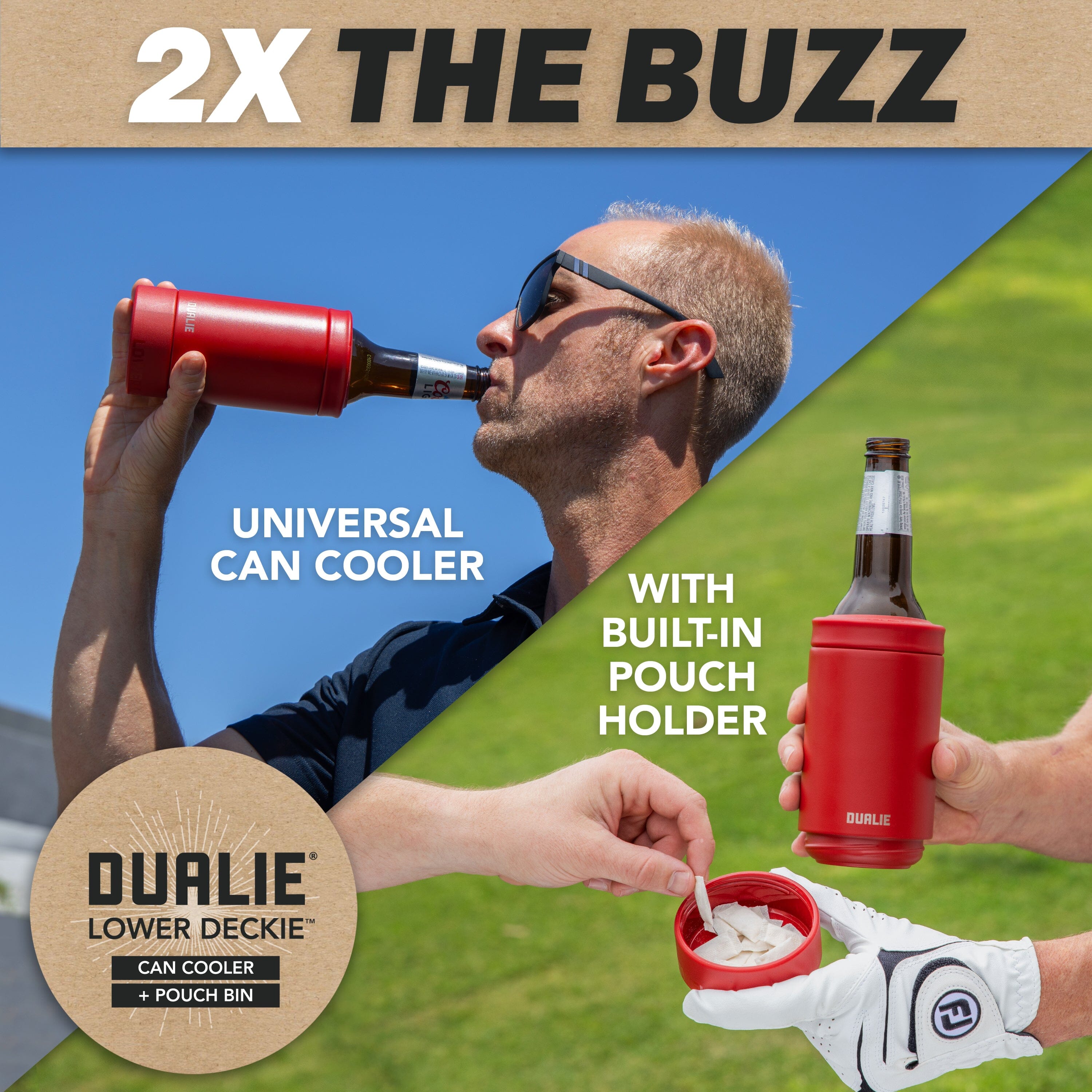 DUALIE Lower Deckie - Insulated 12 oz Can Cooler with Pouch Container - Universal Drink Holder with Built-in Pouch Bin - Burnt Red PlayGoSports.com
