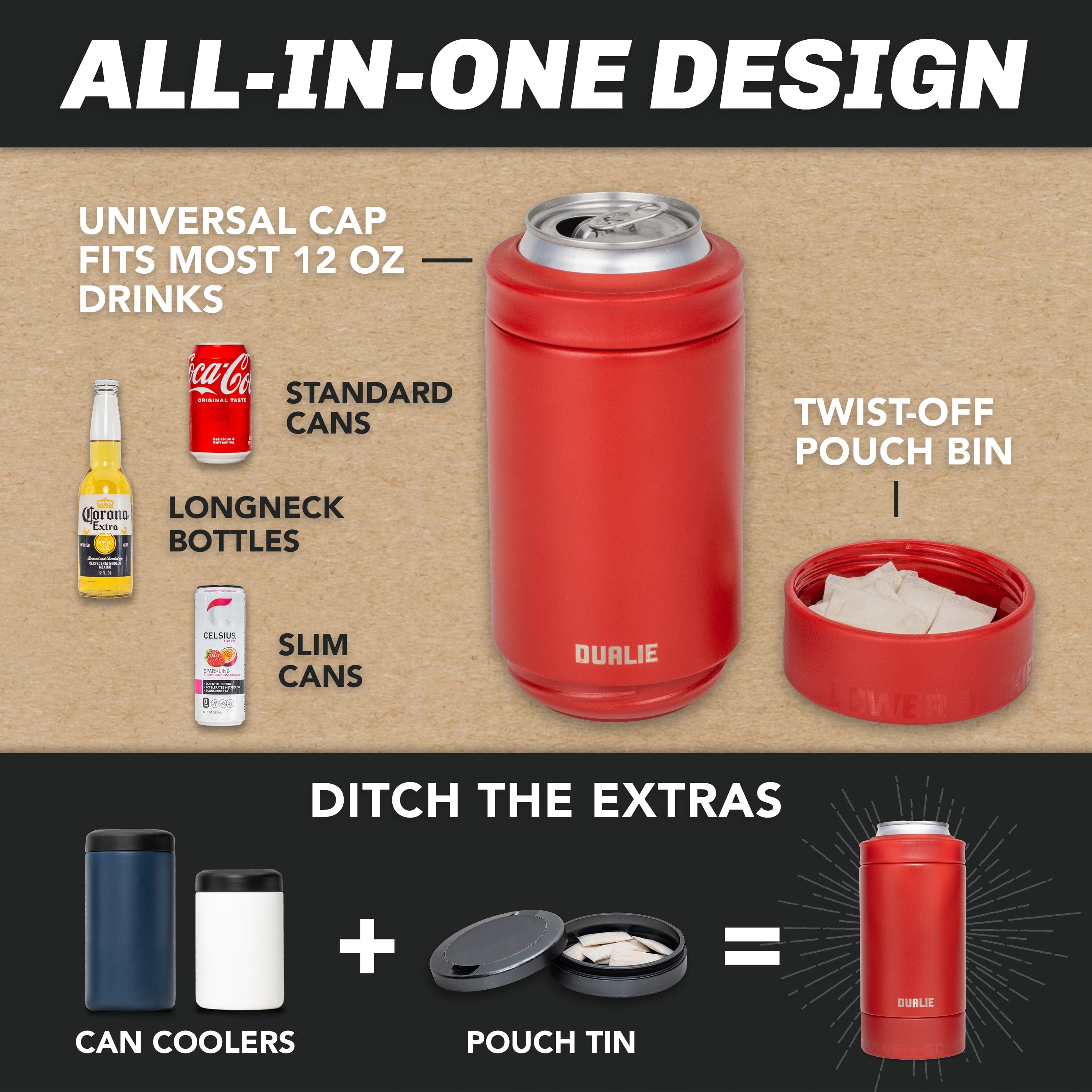 DUALIE Lower Deckie - Insulated 12 oz Can Cooler with Pouch Container - Universal Drink Holder with Built-in Pouch Bin - Burnt Red PlayGoSports.com