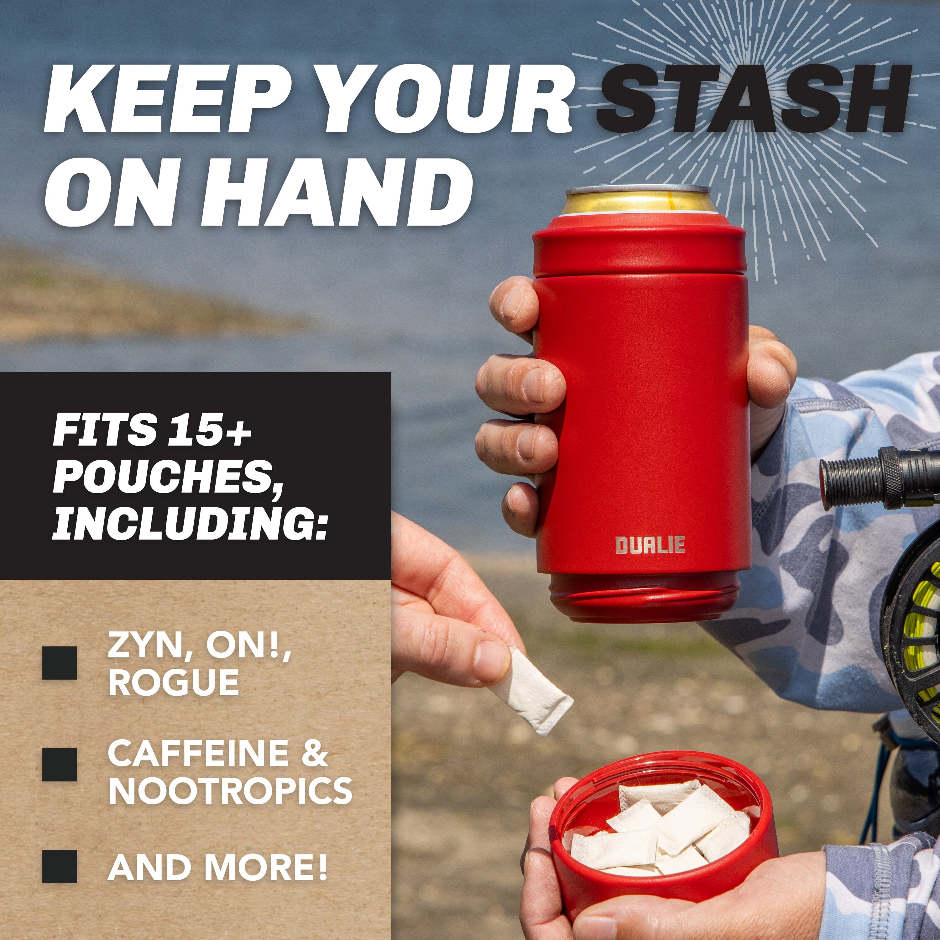 DUALIE Lower Deckie - Insulated 12 oz Can Cooler with Pouch Container - Universal Drink Holder with Built-in Pouch Bin - Burnt Red PlayGoSports.com