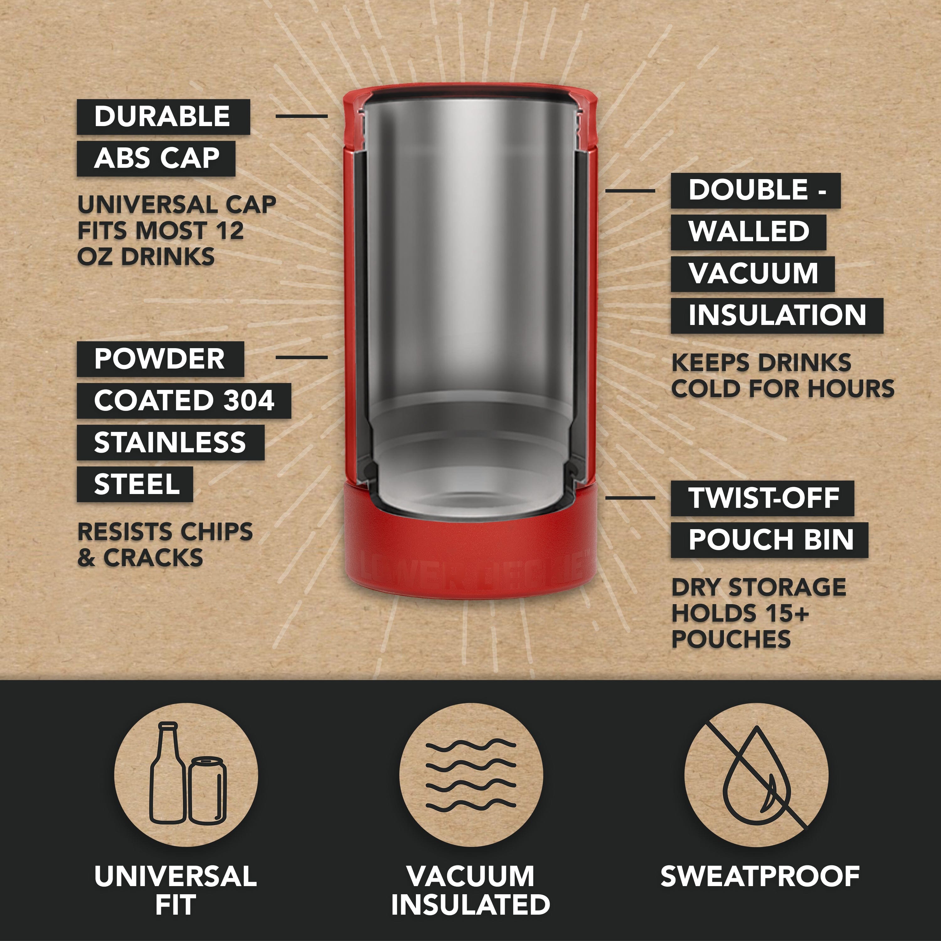 DUALIE Lower Deckie - Insulated 12 oz Can Cooler with Pouch Container - Universal Drink Holder with Built-in Pouch Bin - Burnt Red PlayGoSports.com