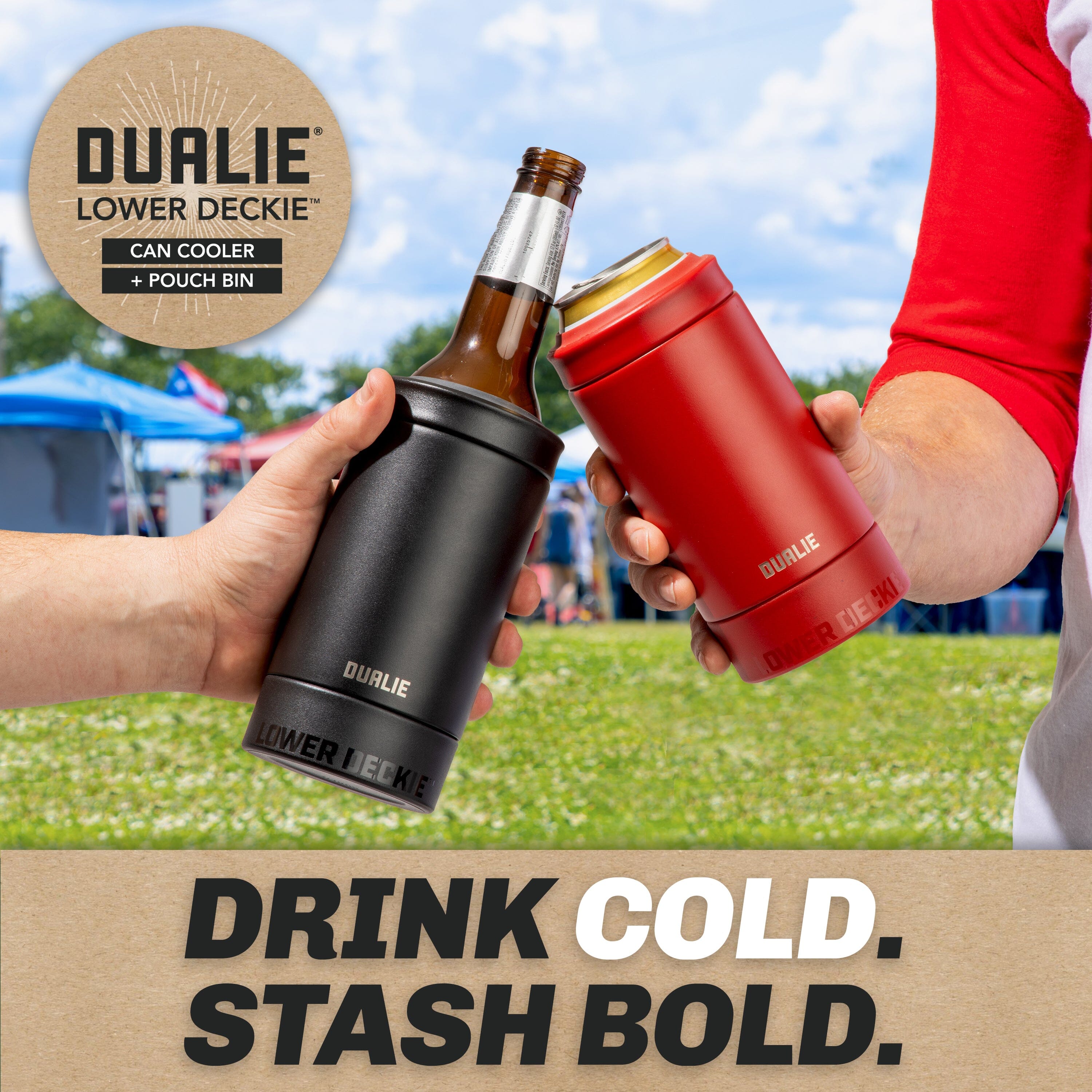 DUALIE Lower Deckie - Insulated 12 oz Can Cooler with Pouch Container - Universal Drink Holder with Built-in Pouch Bin - Burnt Red PlayGoSports.com