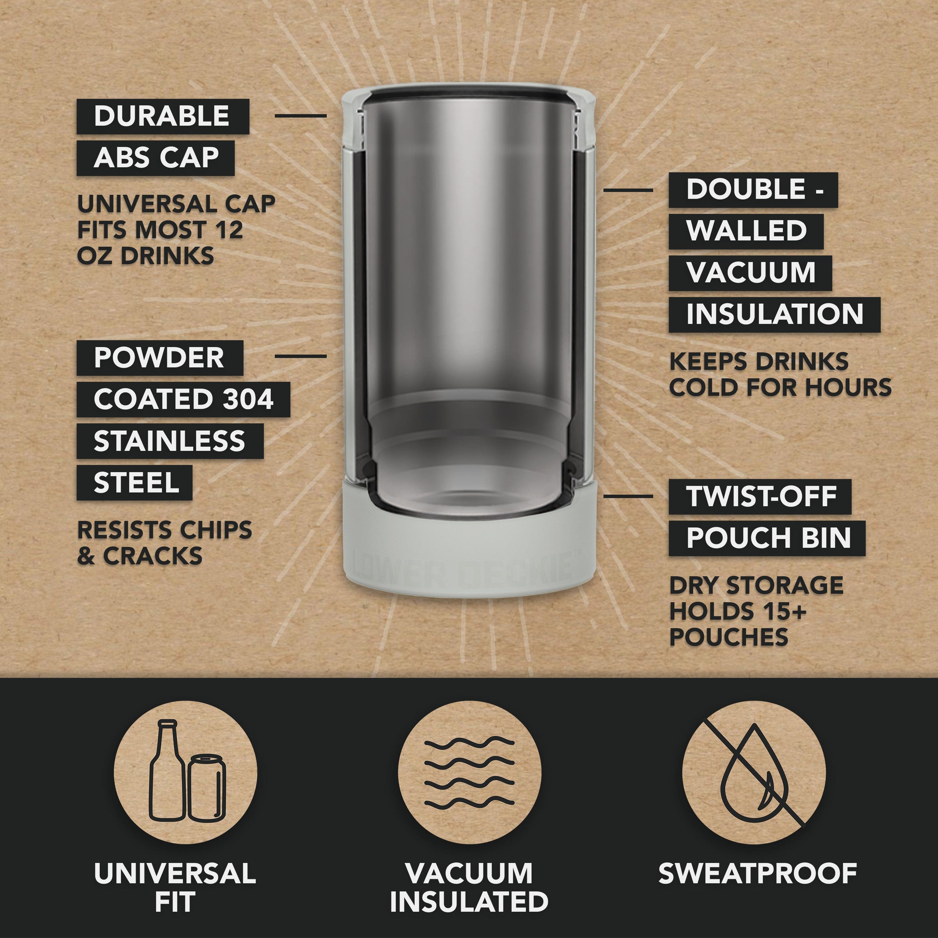 DUALIE Lower Deckie - Insulated 12 oz Can Cooler with Pouch Container - Universal Drink Holder with Built-in Pouch Bin - Fog Gray PlayGoSports.com