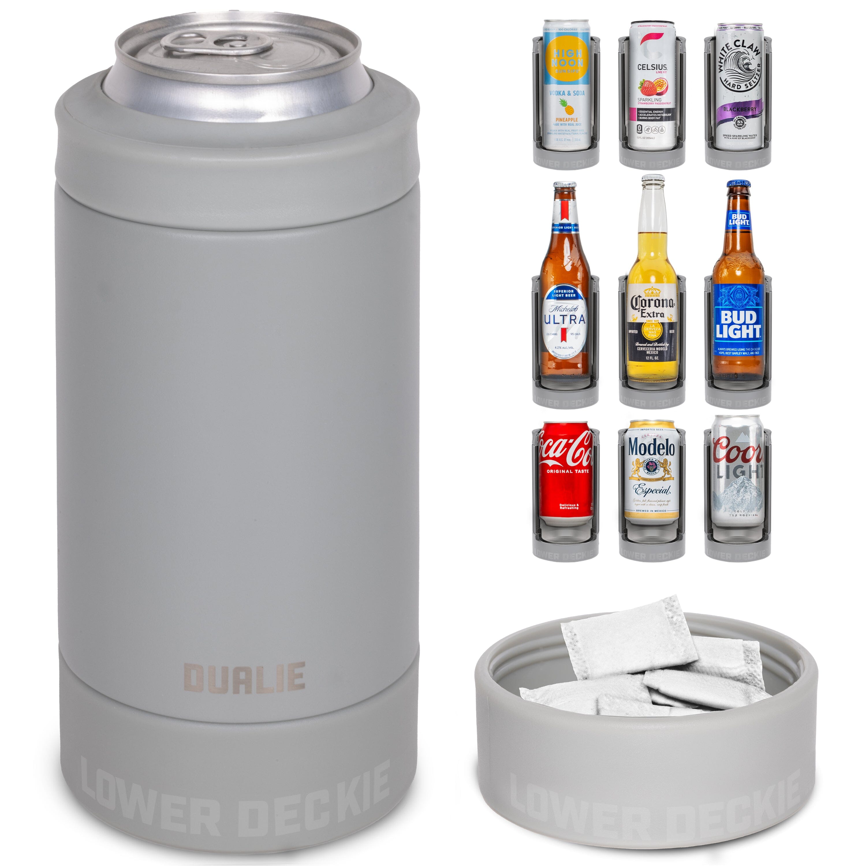 DUALIE Lower Deckie - Insulated 12 oz Can Cooler with Pouch Container - Universal Drink Holder with Built-in Pouch Bin - Fog Gray PlayGoSports.com