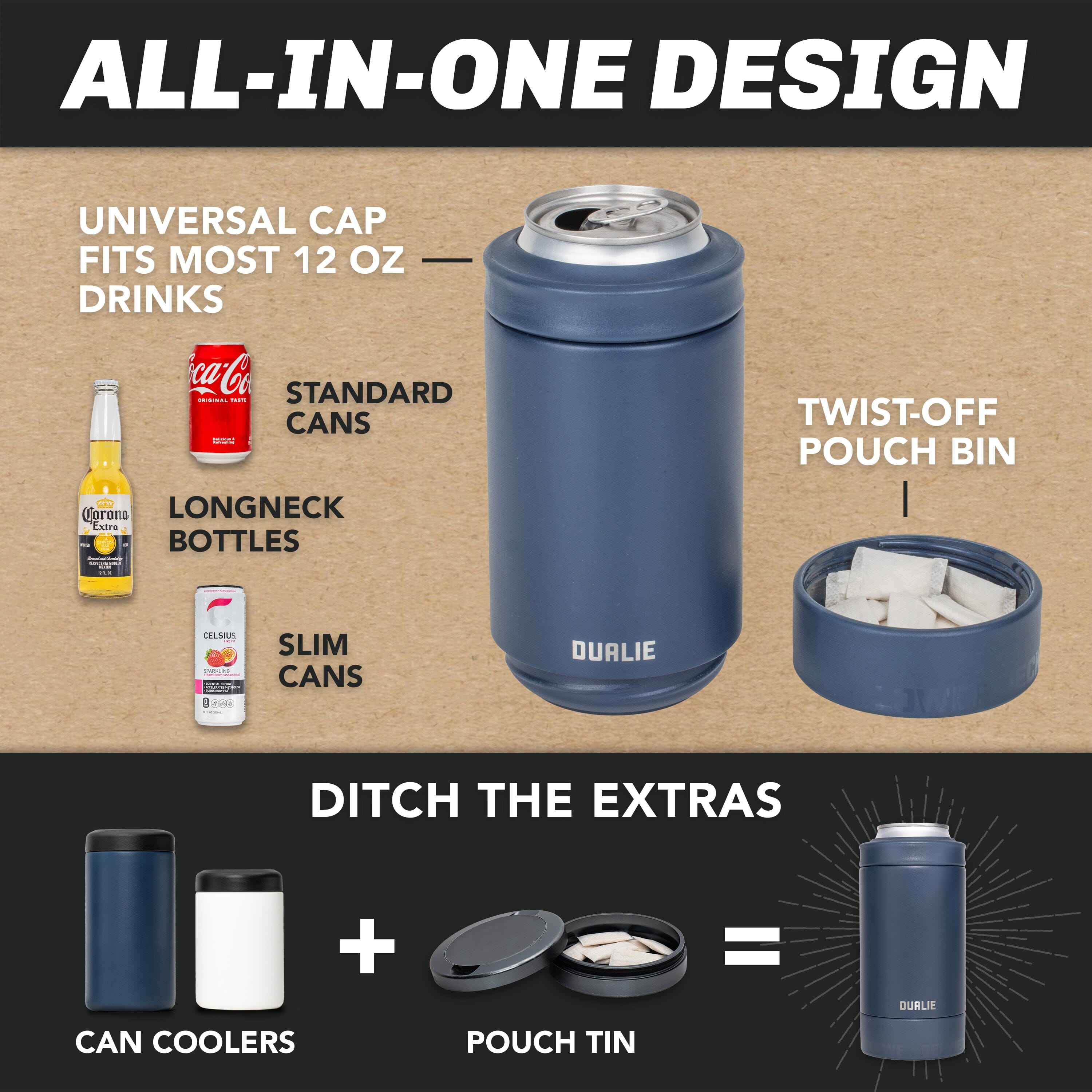DUALIE Lower Deckie - Insulated 12 oz Can Cooler with Pouch Container - Universal Drink Holder with Built-in Pouch Bin - Navy PlayGoSports.com