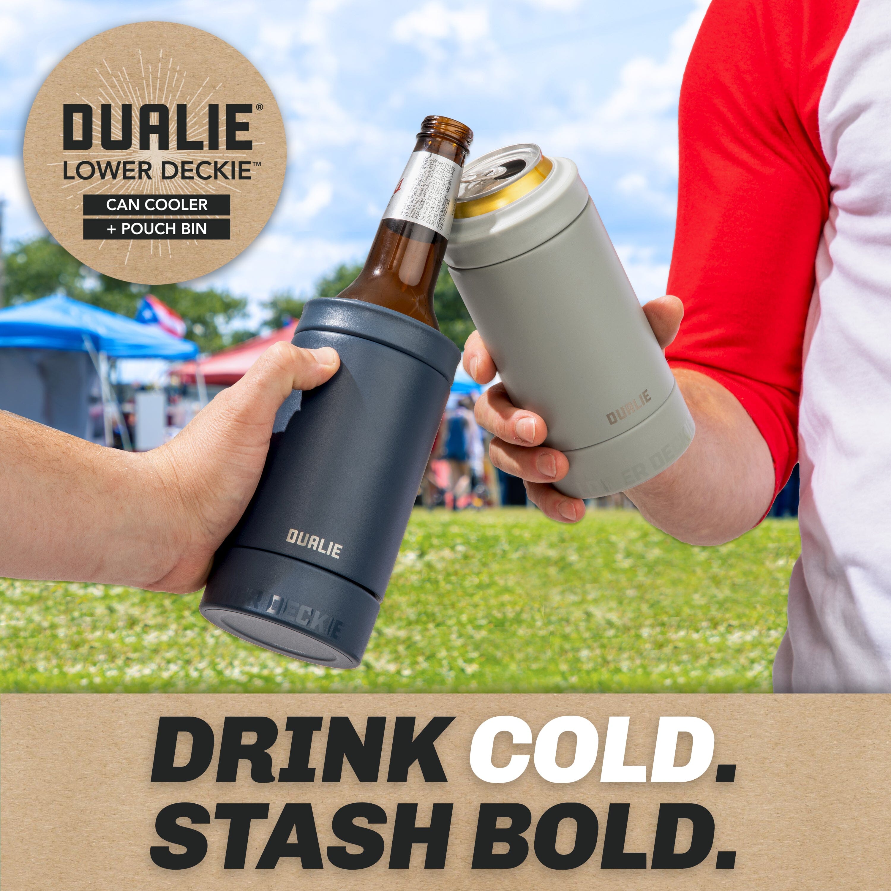 DUALIE Lower Deckie - Insulated 12 oz Can Cooler with Pouch Container - Universal Drink Holder with Built-in Pouch Bin - Navy PlayGoSports.com