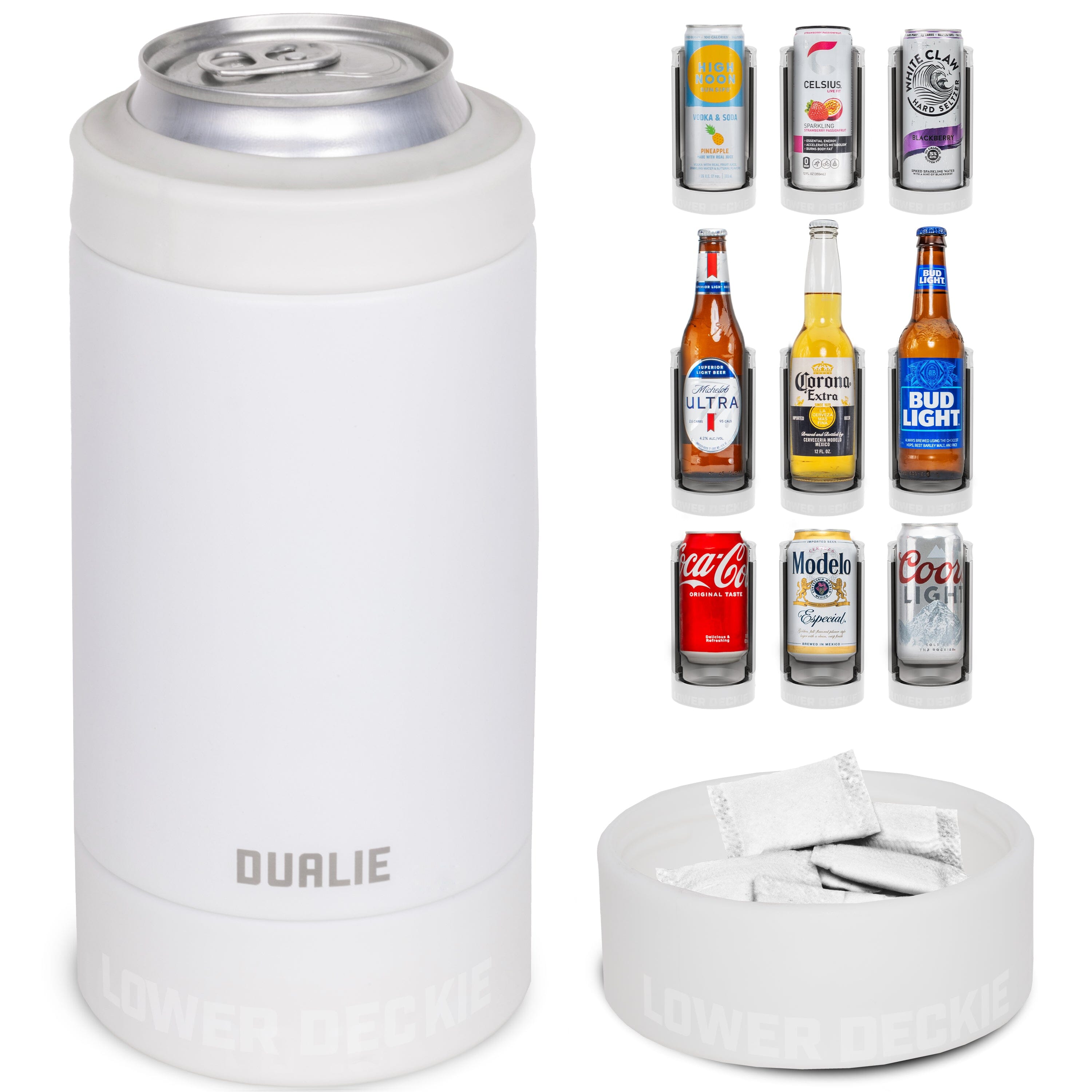 DUALIE Lower Deckie - Insulated 12 oz Can Cooler with Pouch Container - Universal Drink Holder with Built-in Pouch Bin - White PlayGoSports.com