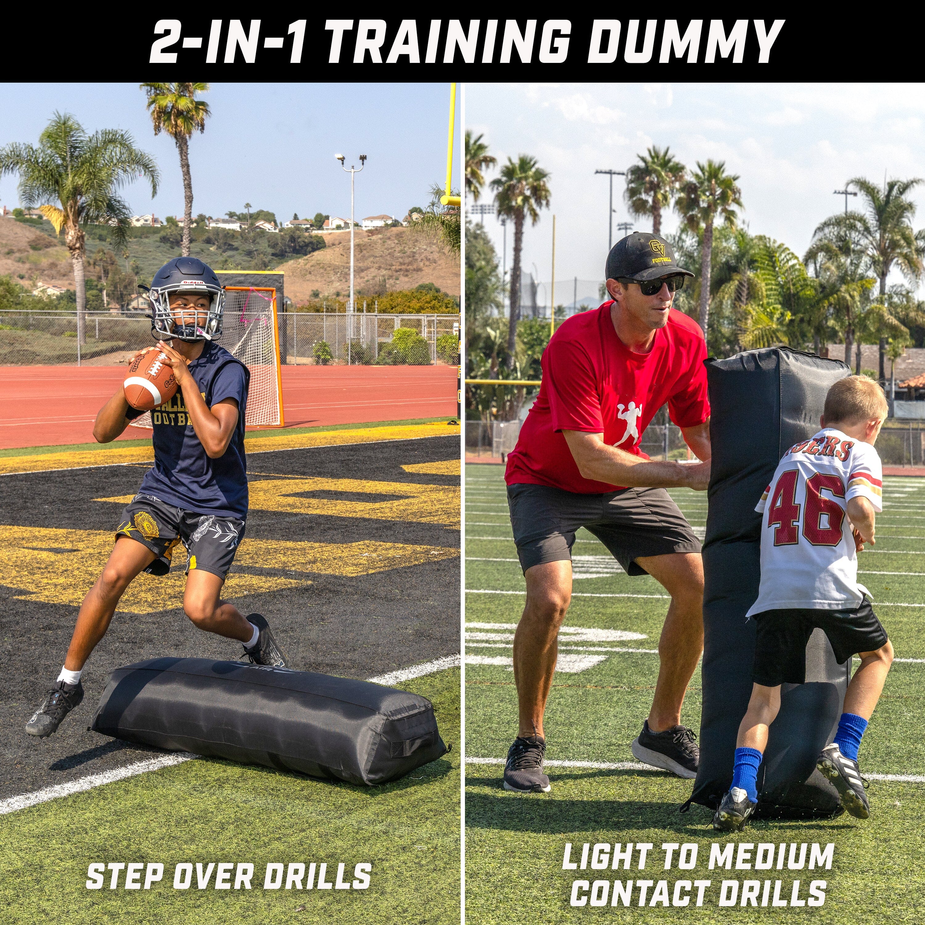 man blocking child with black inflatable