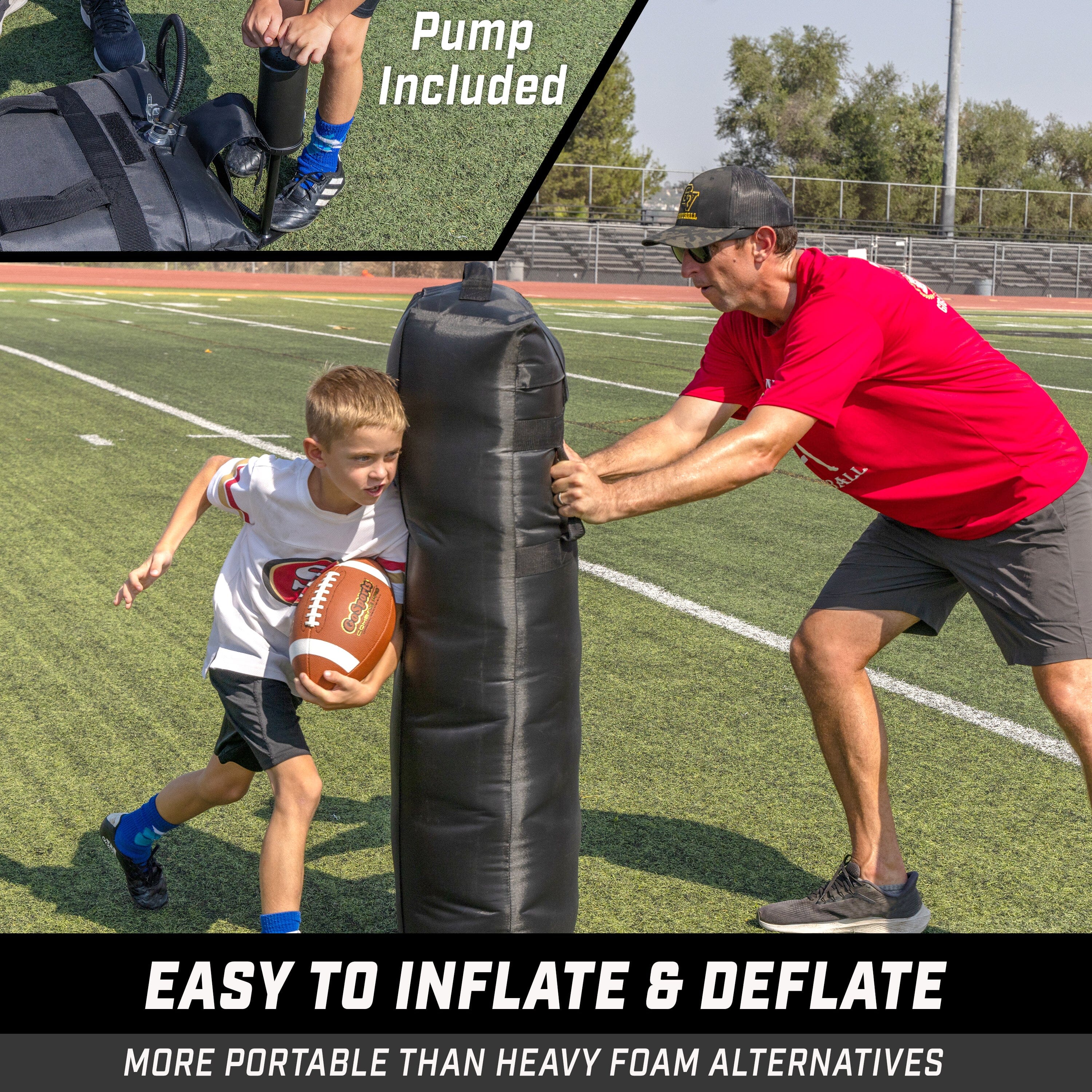 man using black inflatable to block child with football