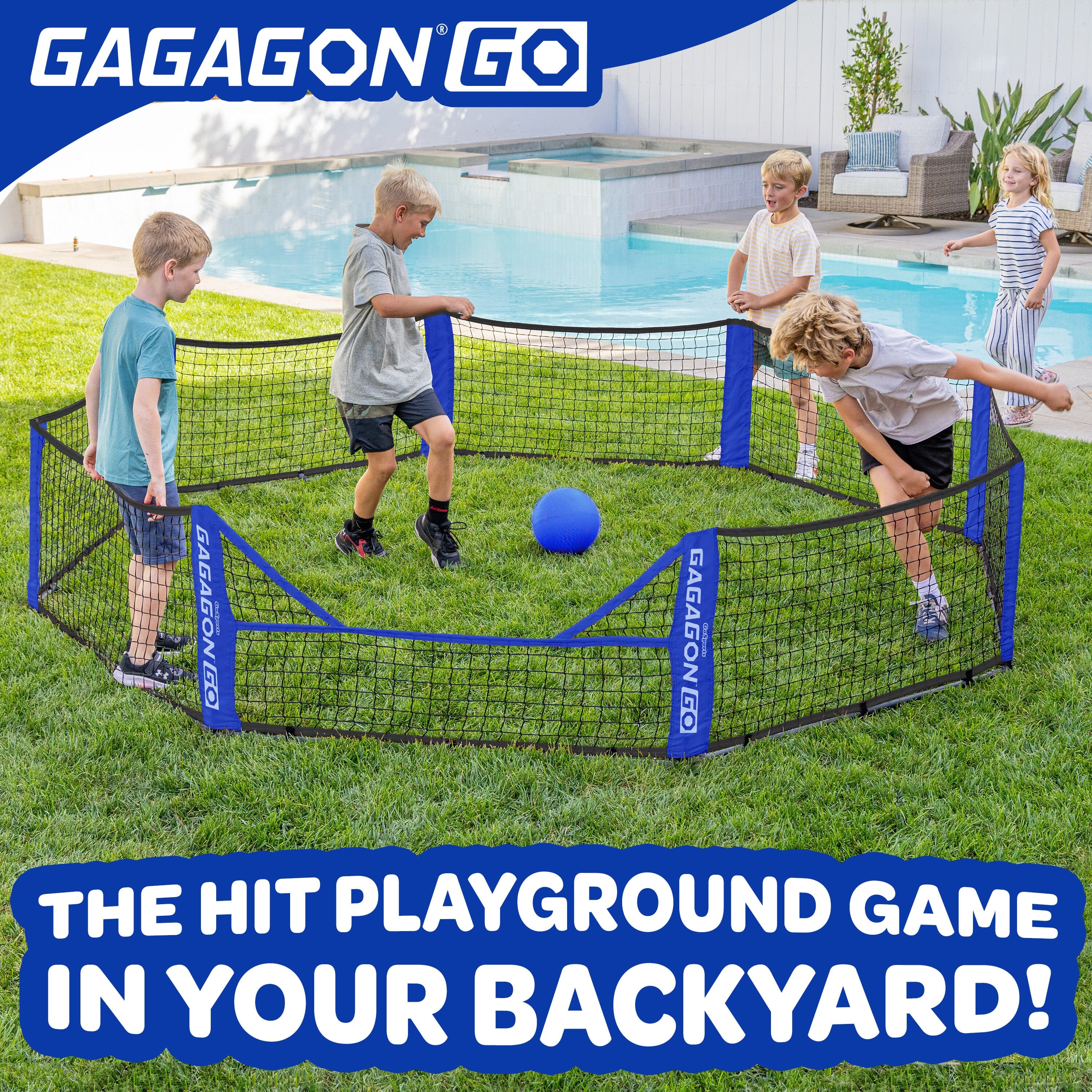 Children playing with a Gagagon Go playground game set up near a pool.