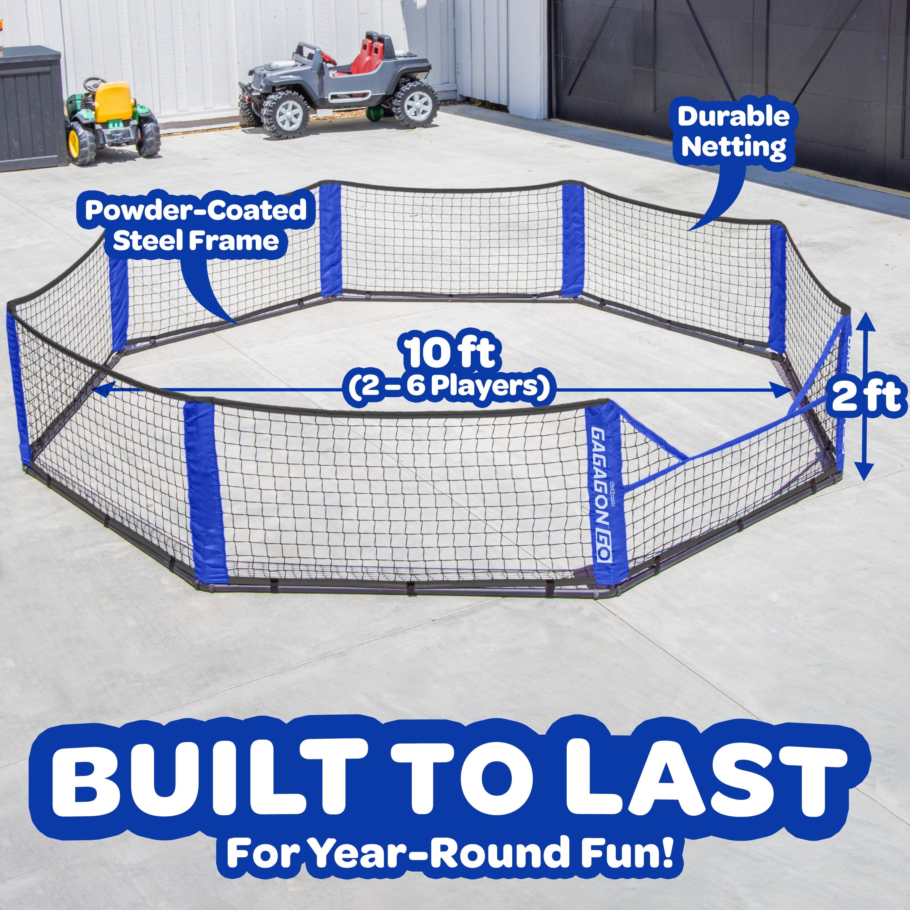 Gagagon ball pit with measurements and features labeled, set up outdoors.