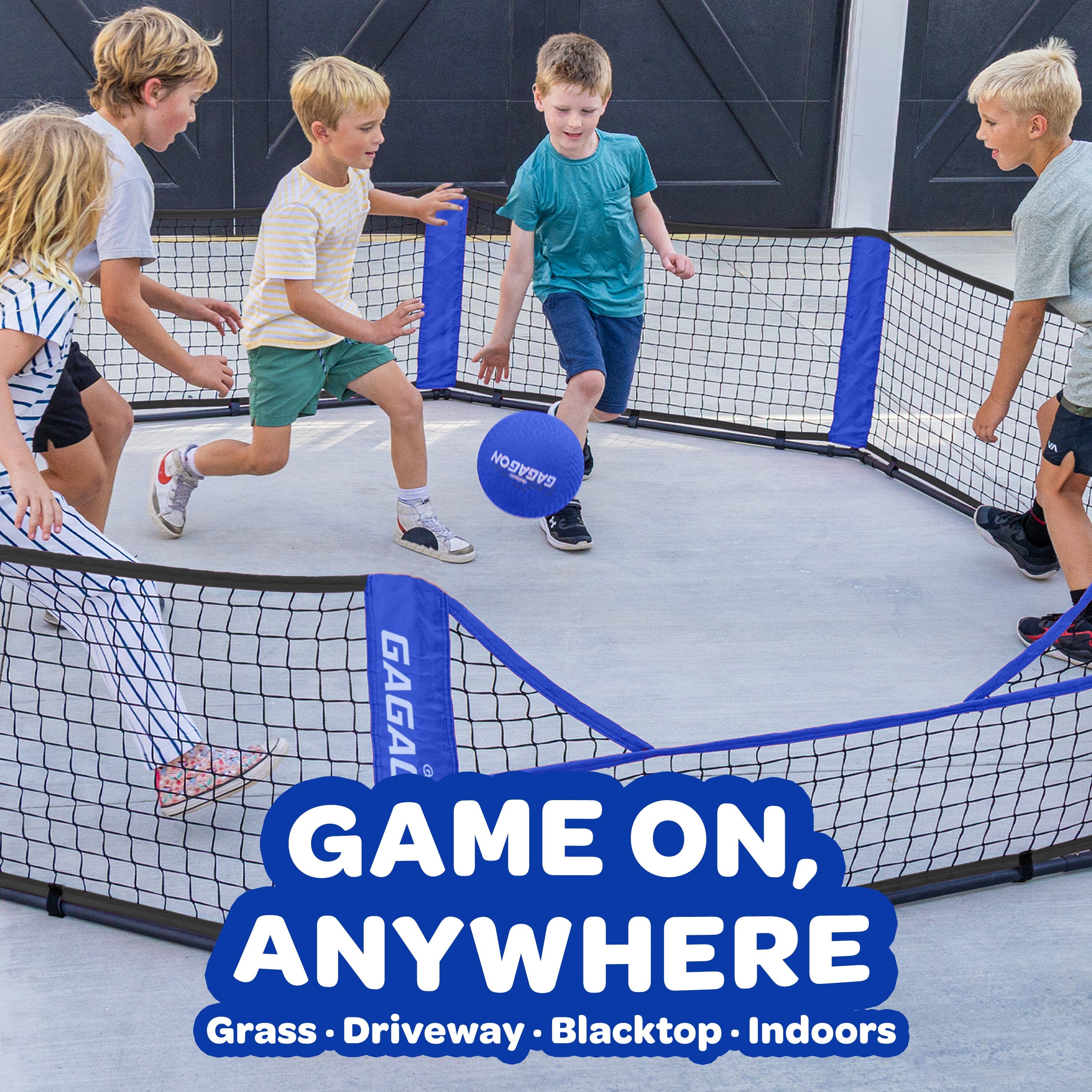 Children playing with a ball on an inflatable sports court with 'Gaga Ball' branding.
