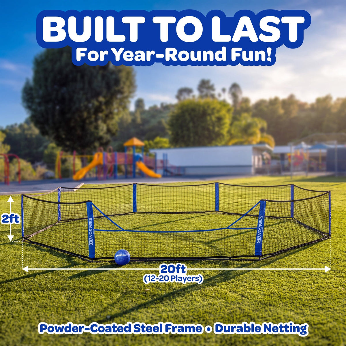 Outdoor soccer net set on a grassy field with a blurred playground in the background. Large text at the top reads 'BUILT TO LAST For Year-Round Fun!' and the bottom text highlights powder-coated steel frame and durable netting.