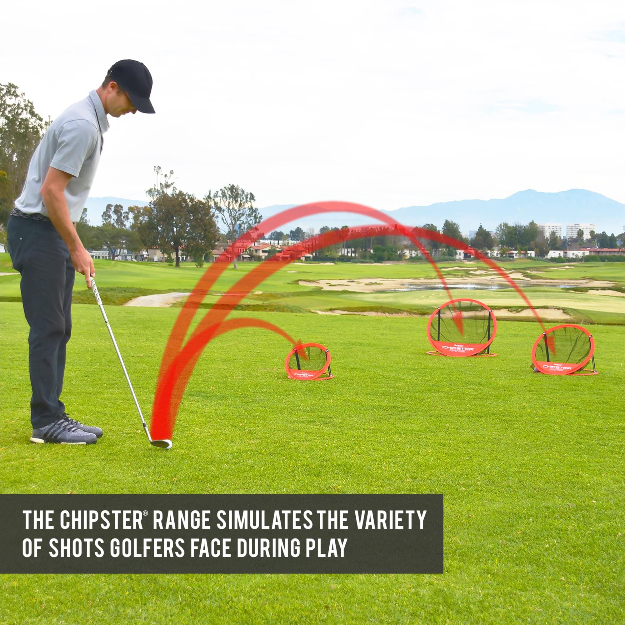 a man hitting a golf ball with a red marker