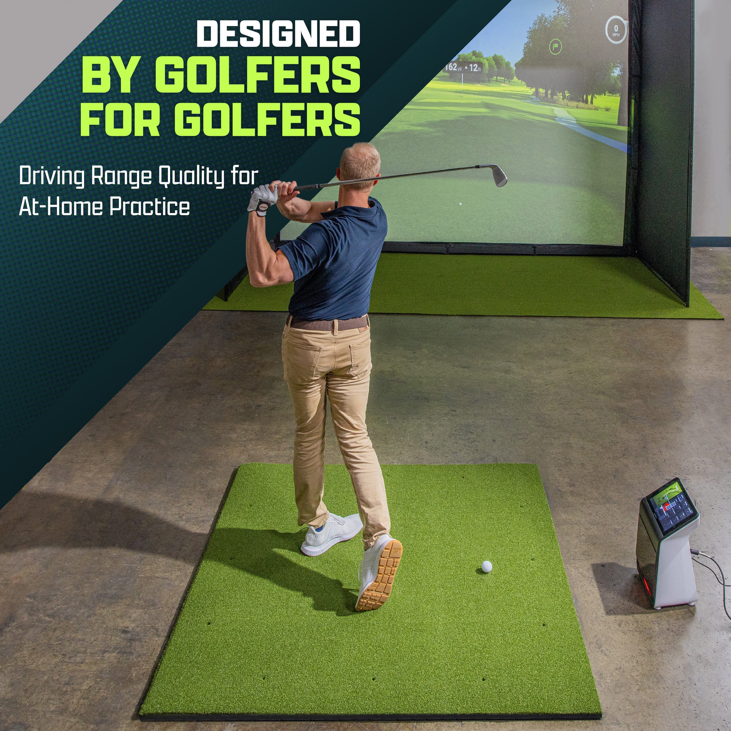 GoSports Golf Hitting Mat - ELITE 5 x 5 ft - 15 mm Artificial Turf Training Mat for Indoor/Outdoor Swing Practice, Includes 3 Rubber Tees GoSports