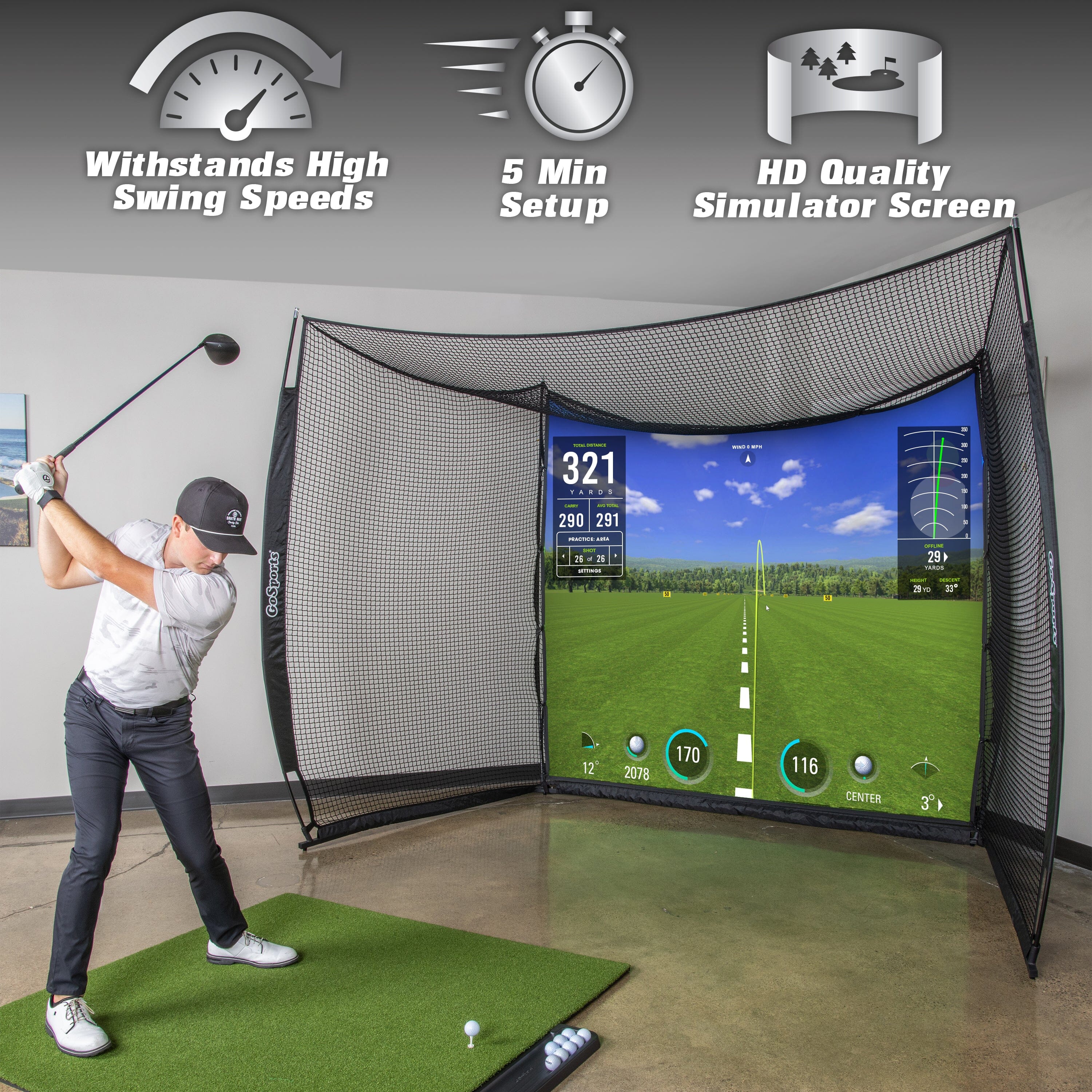 a man swinging a golf club simulator