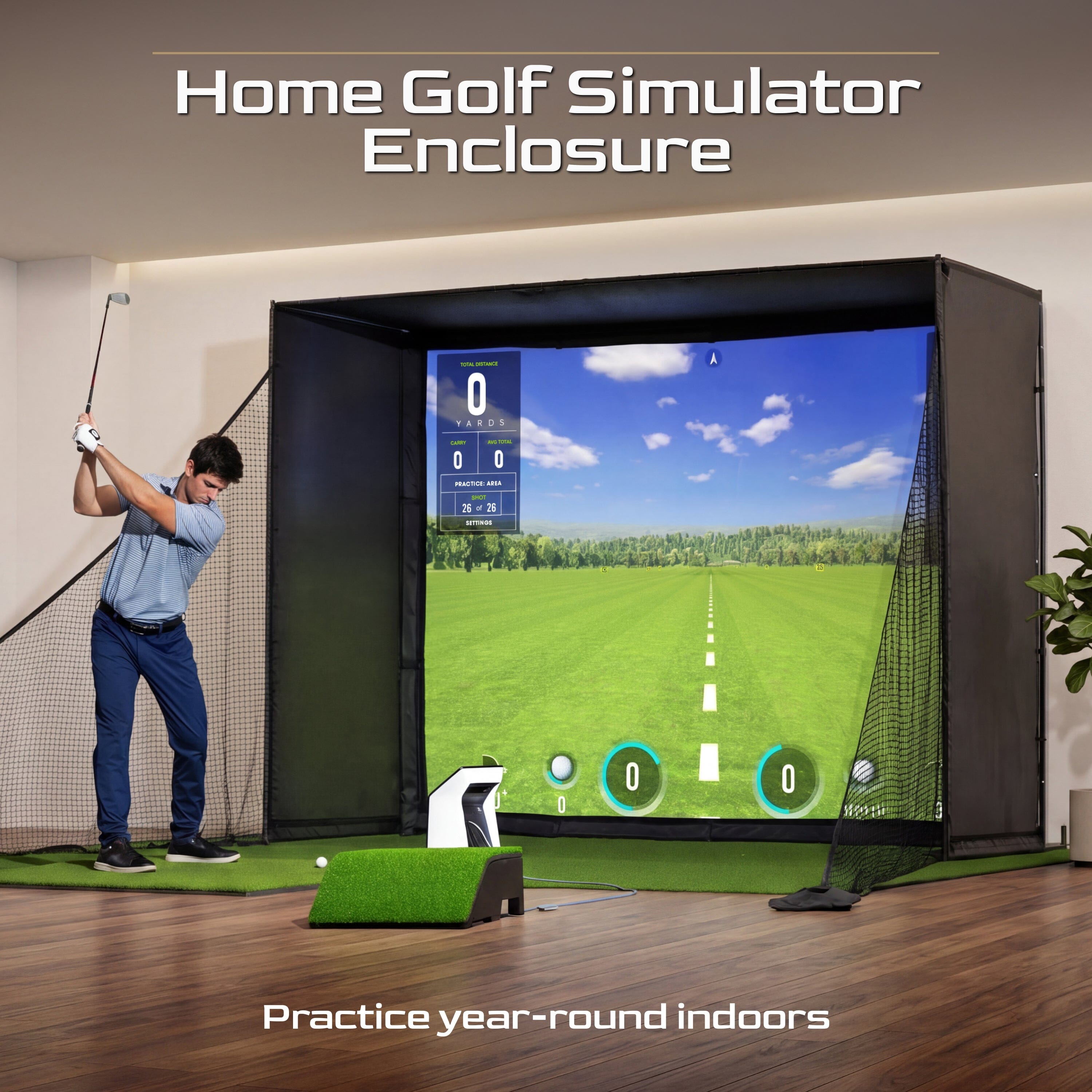 Golf Simulator 10 x 8 ft Enclosure with HD Impact Screen and Shank Nets GoSports
