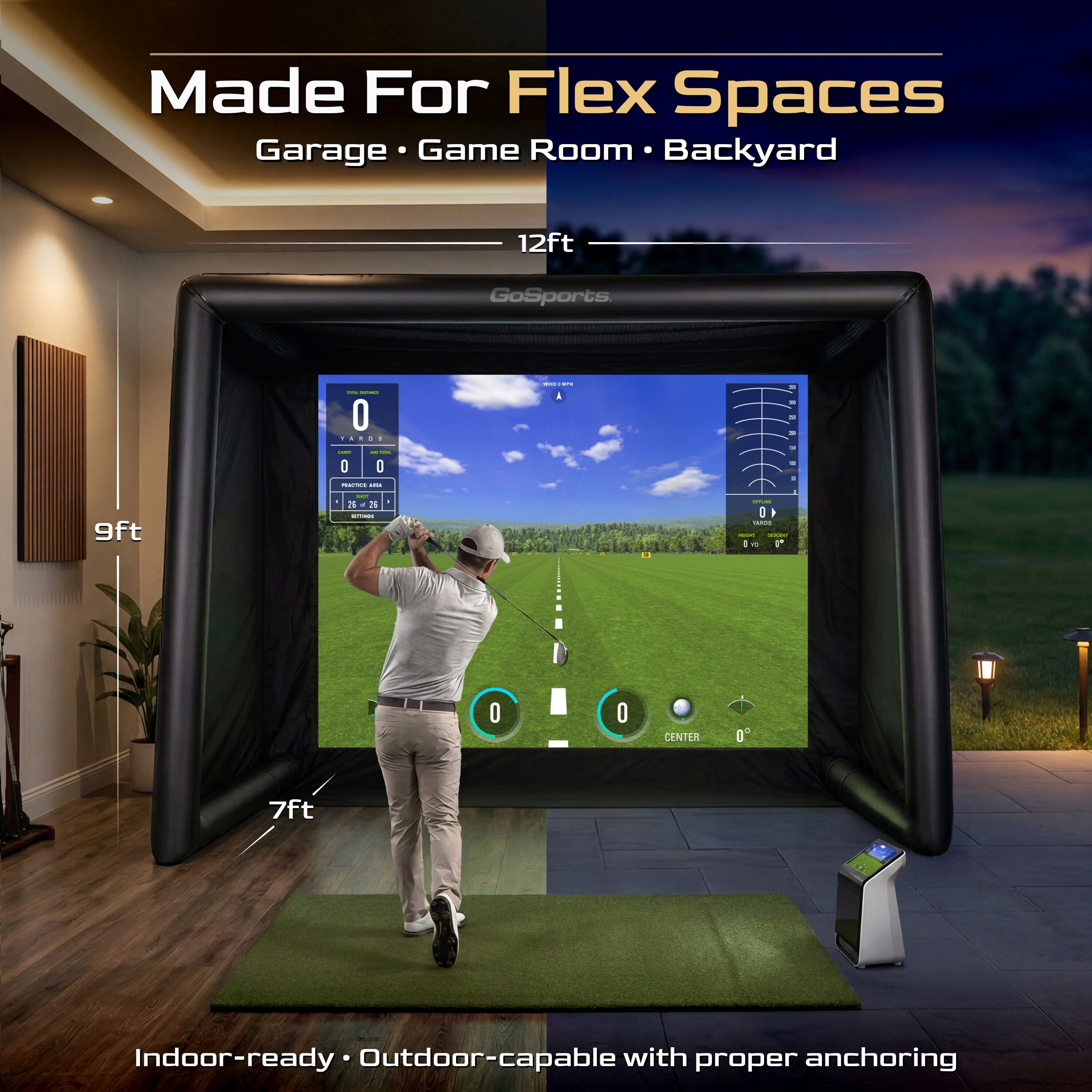 GoSports Commercial Grade Inflatable Golf Simulator Enclosure for Home - 12 x 9 ft Indoor & Outdoor Portable Hitting Cage with Golf Simulator Impact Screen - Includes Electric Pump and Storage Case PlayGoSports.com