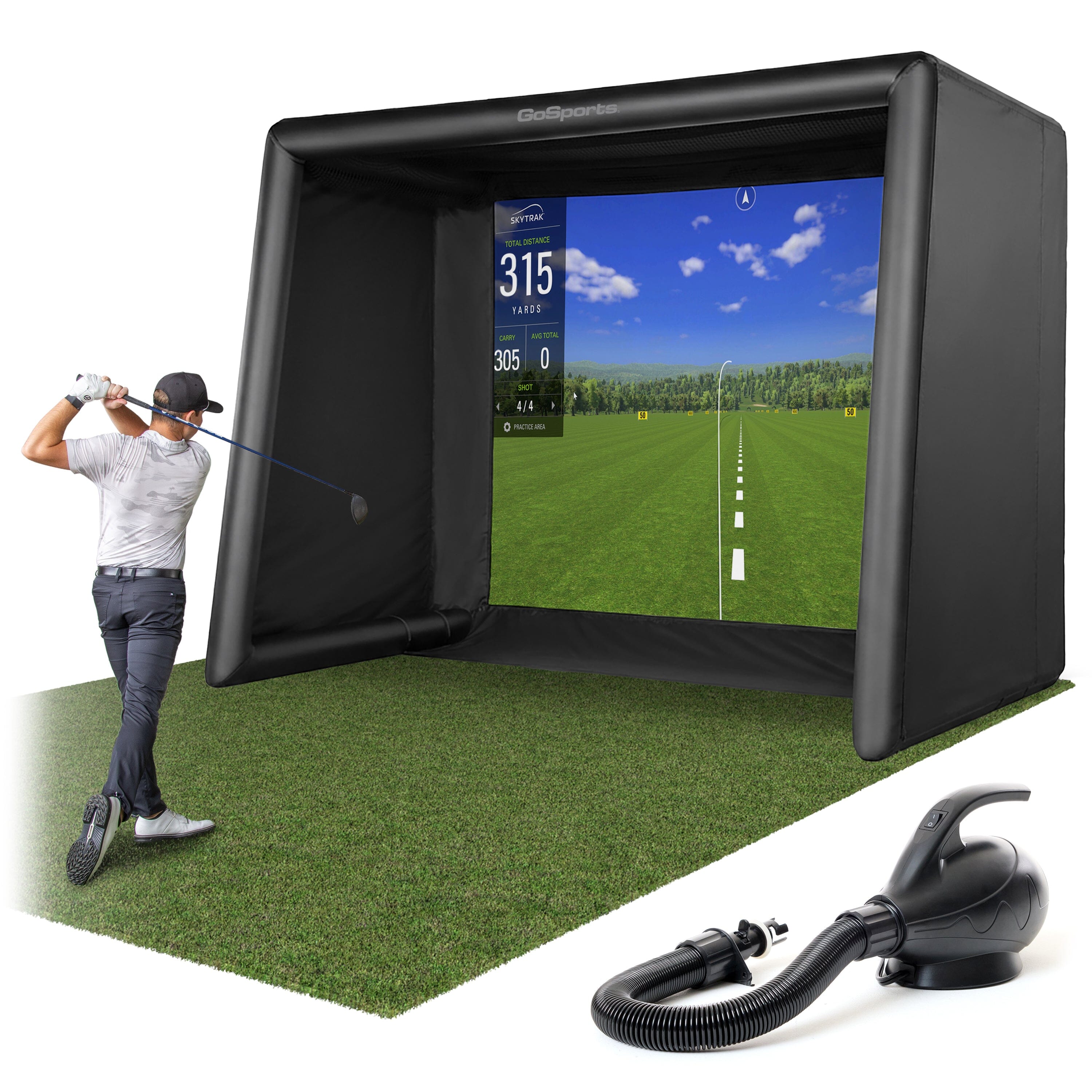 GoSports Commercial Grade Inflatable Golf Simulator Enclosure for Home - 12 x 9 ft Indoor & Outdoor Portable Hitting Cage with Golf Simulator Impact Screen - Includes Electric Pump and Storage Case PlayGoSports.com