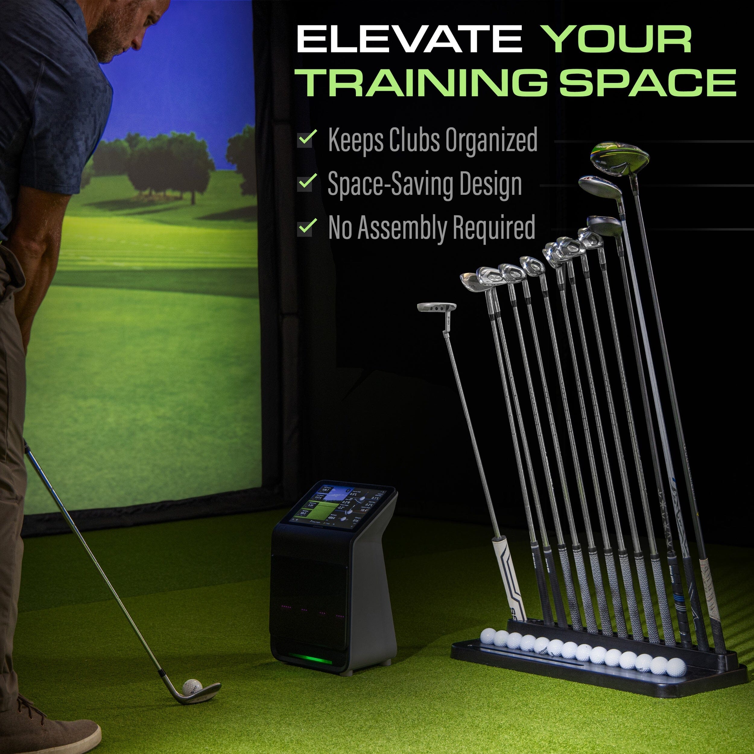 GoSports Premium Wood Golf Club Holder Stand - 14 Club Display Organizer with Ball Storage and Phone/Tablet Slot for Golf Simulators PlayGoSports.com