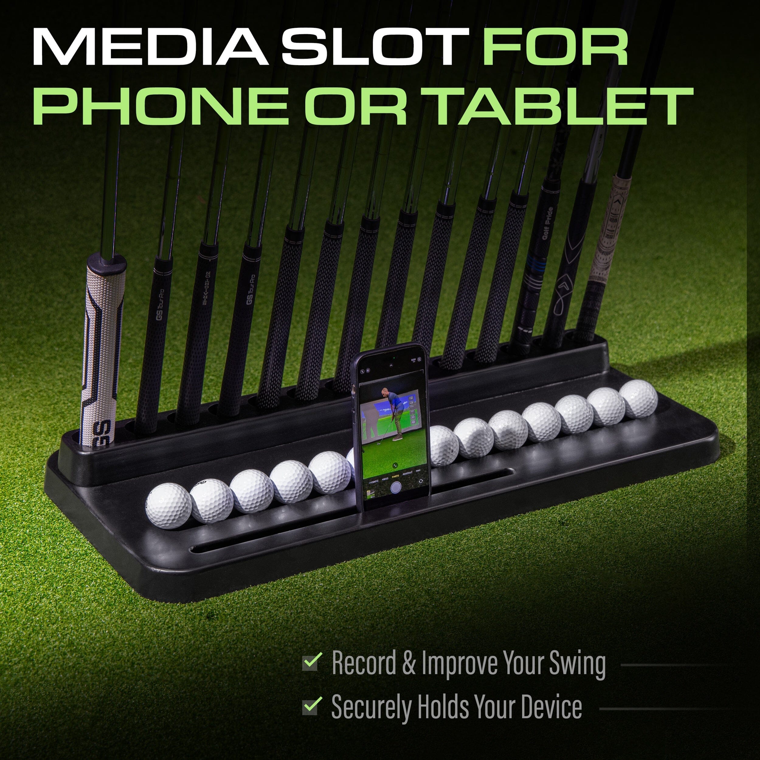 GoSports Premium Wood Golf Club Holder Stand - 14 Club Display Organizer with Ball Storage and Phone/Tablet Slot for Golf Simulators PlayGoSports.com