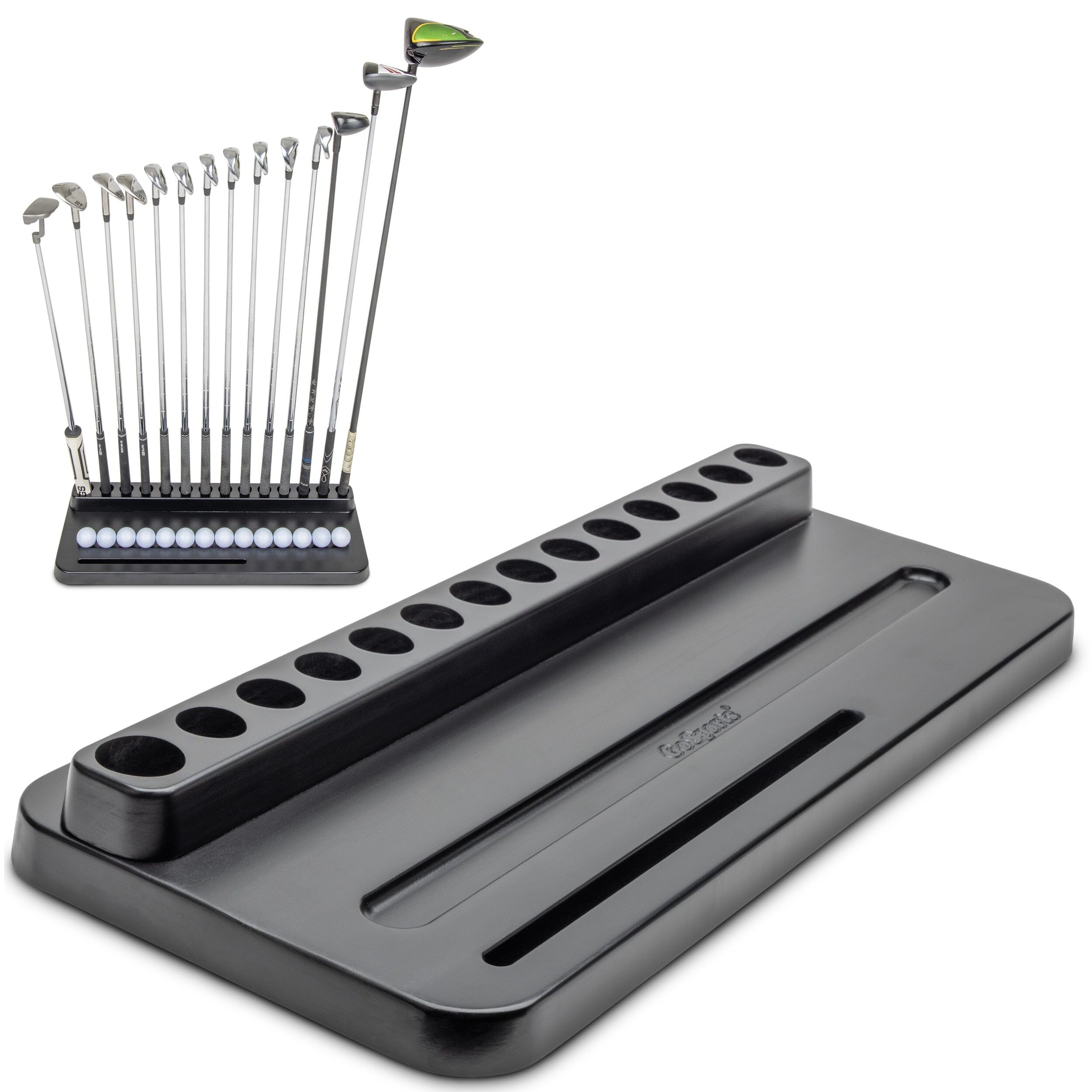GoSports Premium Wood Golf Club Holder Stand - 14 Club Display Organizer with Ball Storage and Phone/Tablet Slot for Golf Simulators PlayGoSports.com