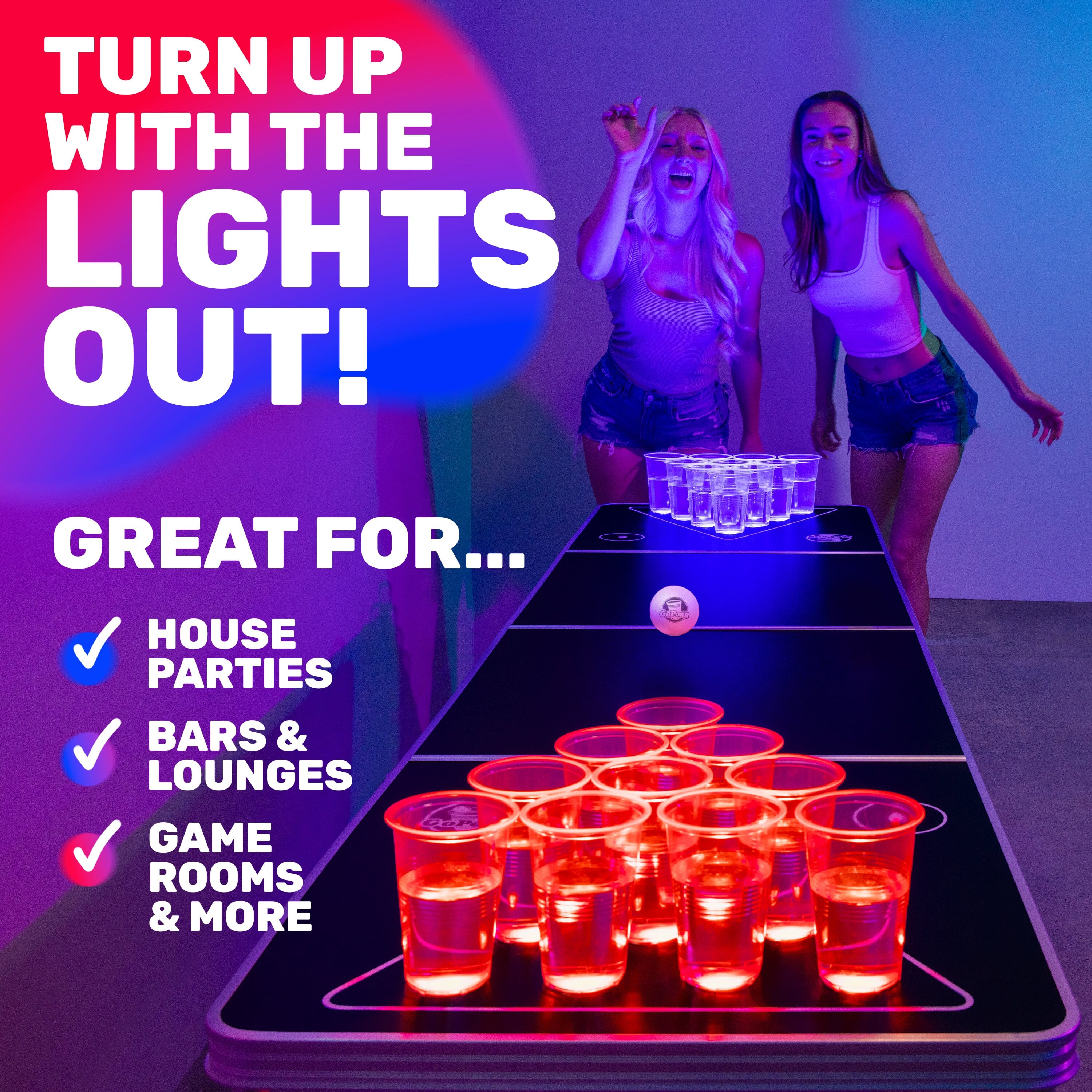 GoPong 8 ft Foldable Beer Pong Table with LED Lights - Regulation Size Portable Pong Table with 6 Balls PlayGoSports.com
