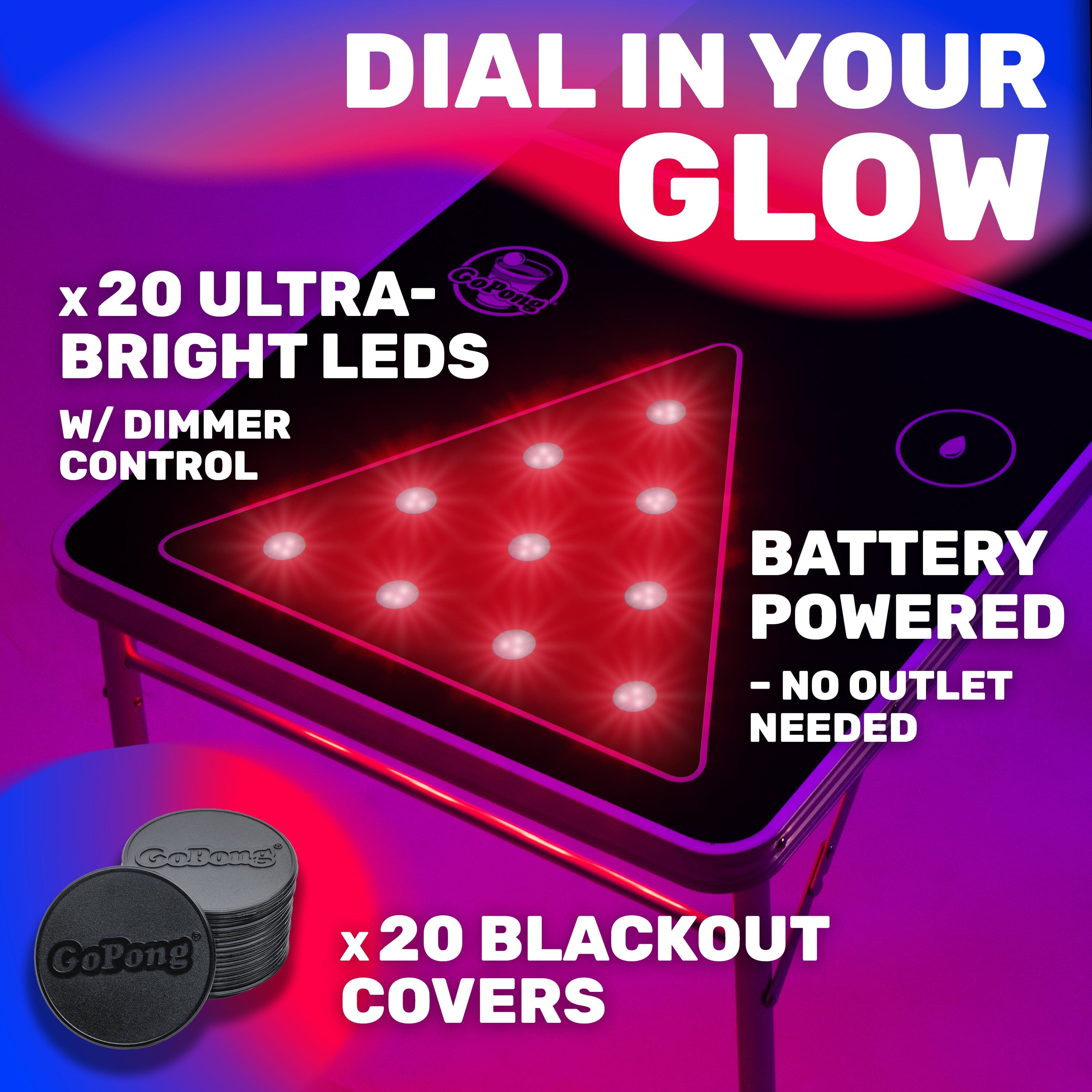 GoPong 8 ft Foldable Beer Pong Table with LED Lights - Regulation Size Portable Pong Table with 6 Balls PlayGoSports.com